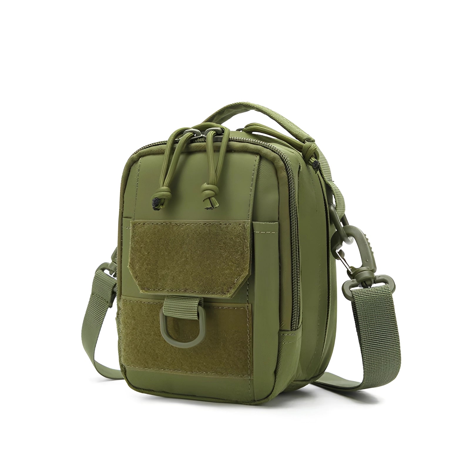 Compact tactical sling bag in army green, featuring a MOLLE system for versatile outdoor gear organization. The bag has a rectangular shape with adjustable straps, ideal for travel and everyday carry.