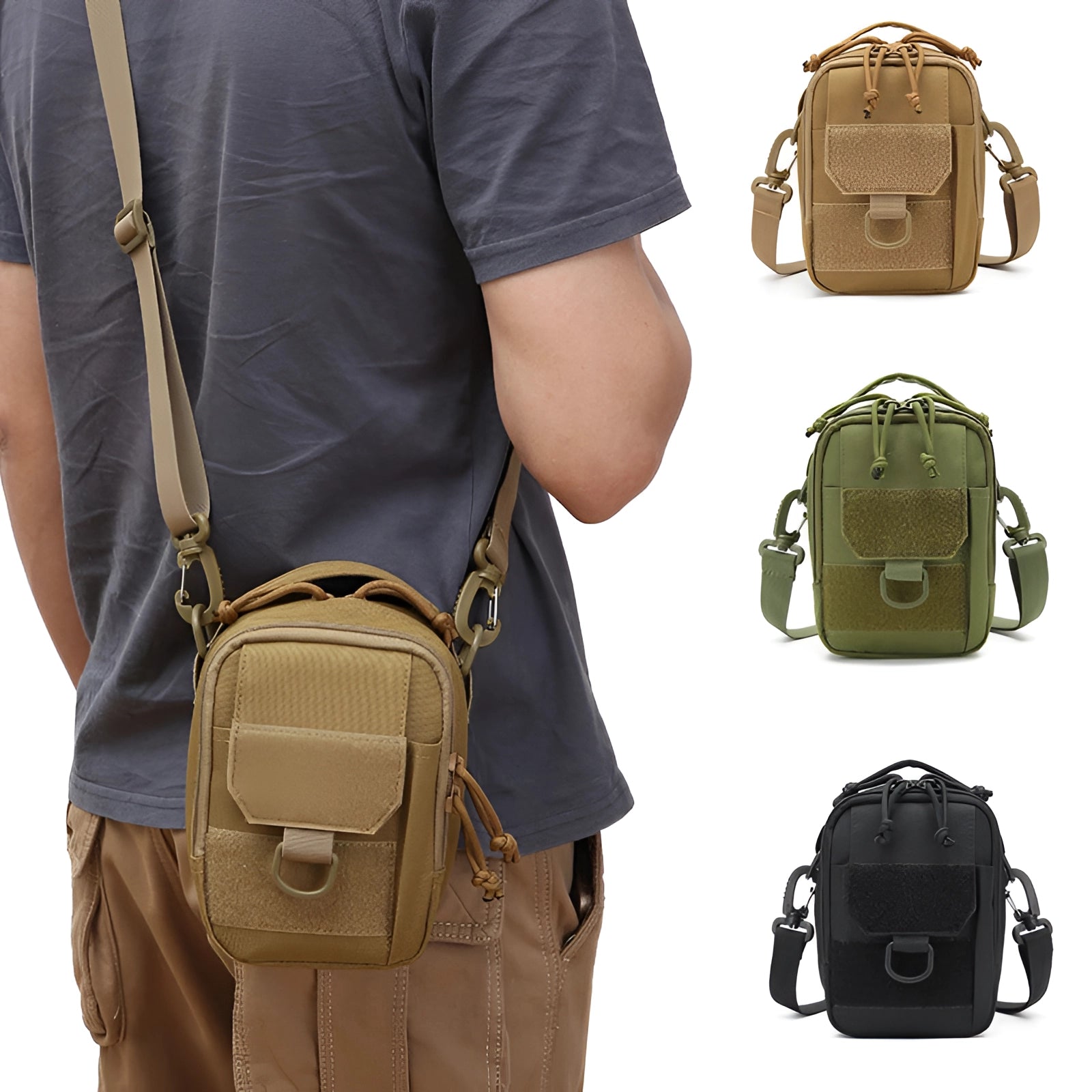 Compact tactical sling bag in khaki color featuring a MOLLE system, ideal for organizing EDC outdoor gear, with a sleek design suitable for travel.