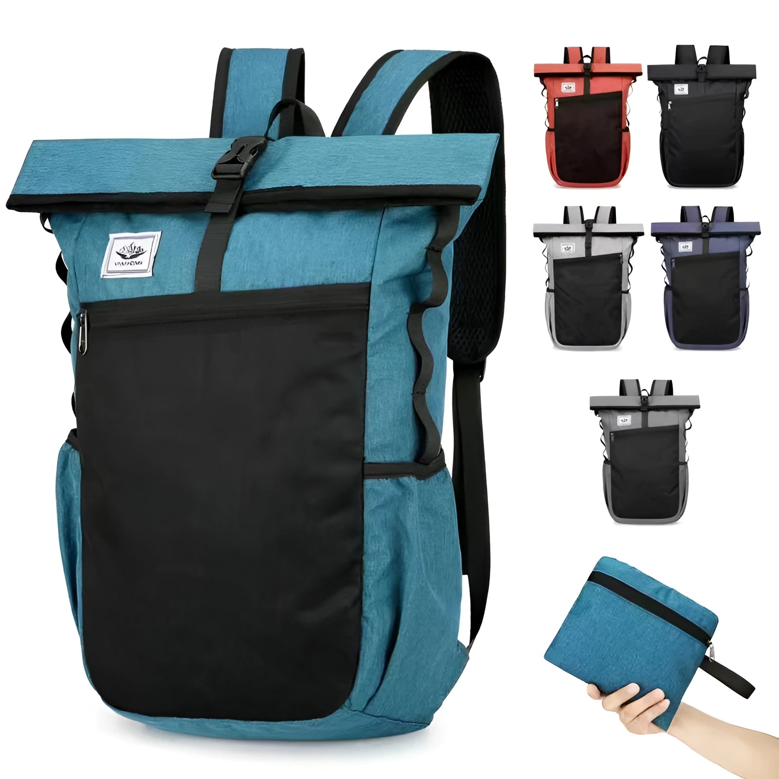 Convertible roll-top backpack tote in electric blue, featuring a sleek, rectangular design. This water-resistant, anti-theft bag is versatile for travel, offering a spacious interior and protective sleeve ideal for carrying essentials securely.