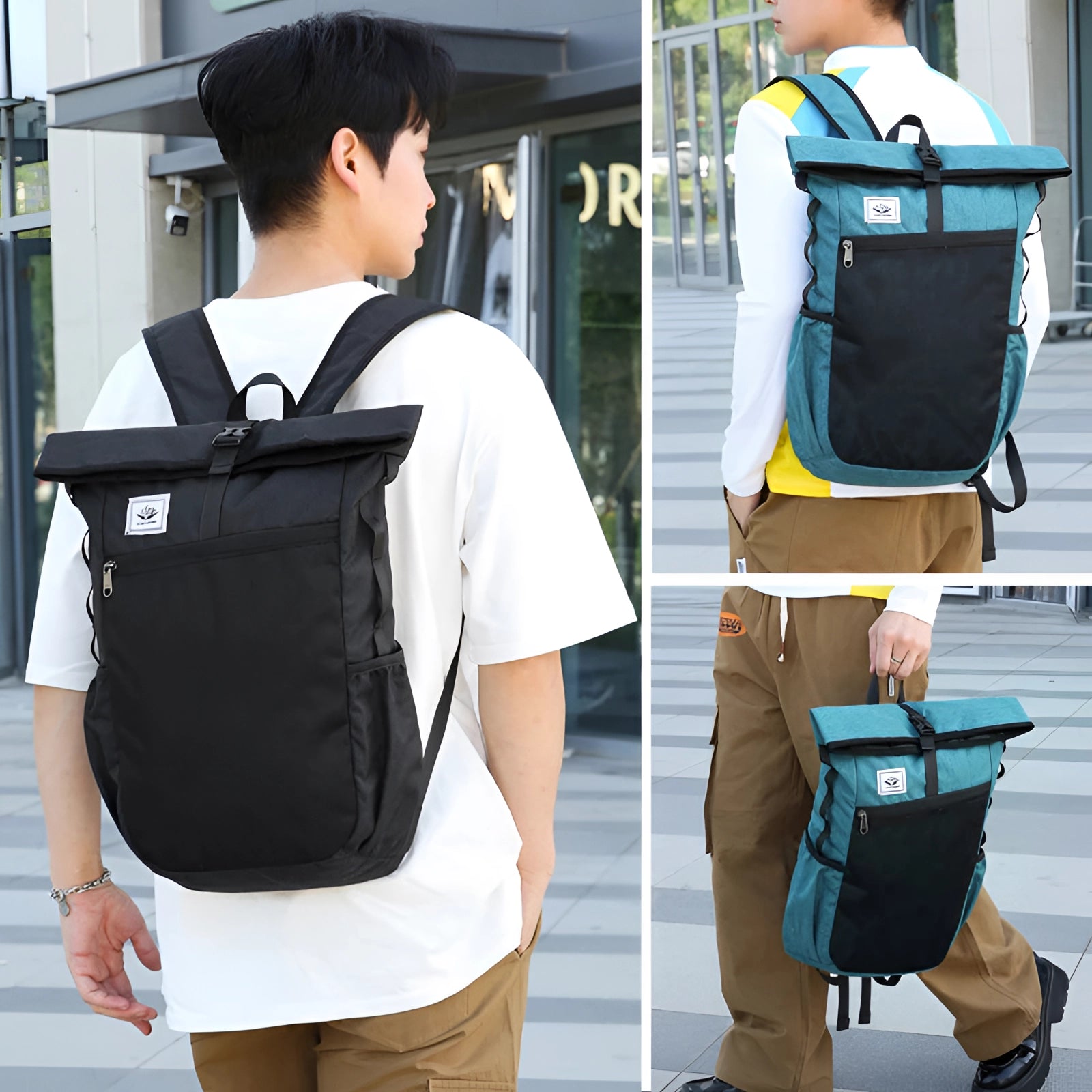 Convertible Roll-Top Backpack Tote in black and blue colors, featuring water-resistant and anti-theft properties, displayed against a white background.