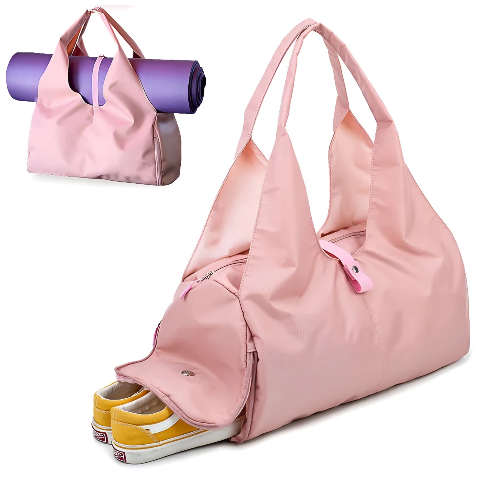 Convertible yoga mat bag with shoe compartment in beige, featuring a large capacity design suitable for carrying yoga essentials, including shoulder straps for easy transport and stylish appearance.