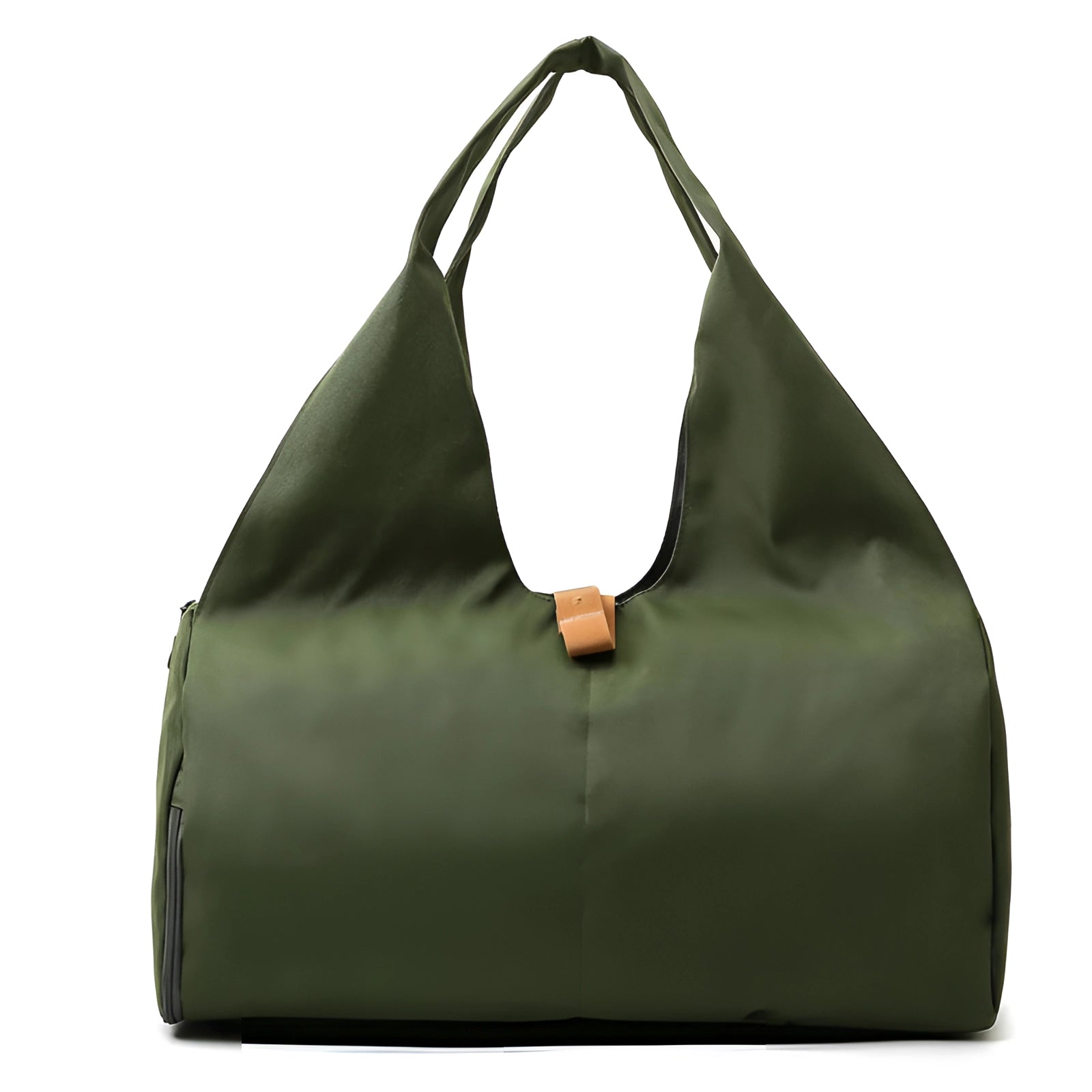 Convertible yoga mat bag in army green, featuring a large capacity design with an additional shoe compartment, styled as a shoulder bag.