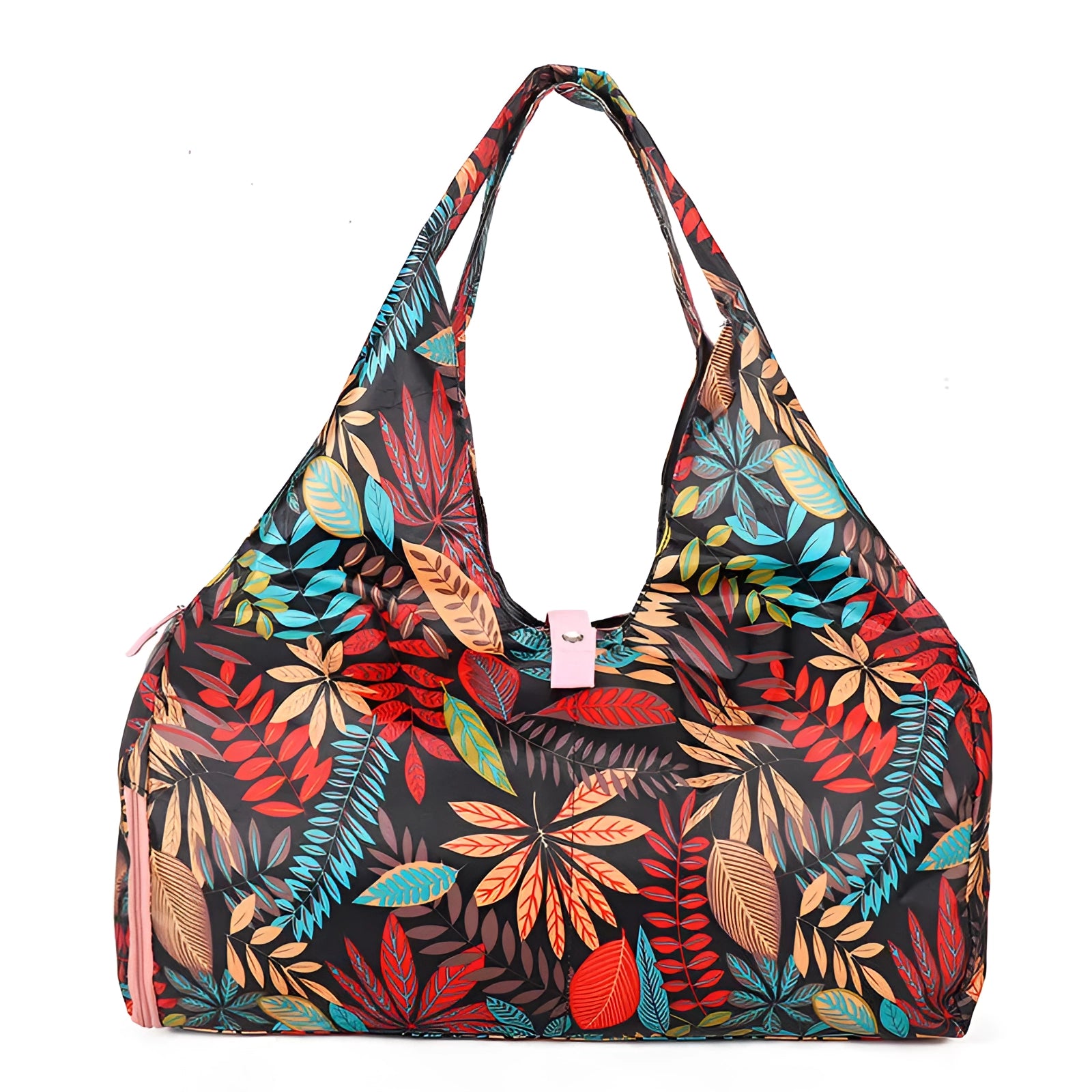 Convertible yoga mat bag with a red leaf pattern, featuring a large capacity design and a separate shoe compartment.