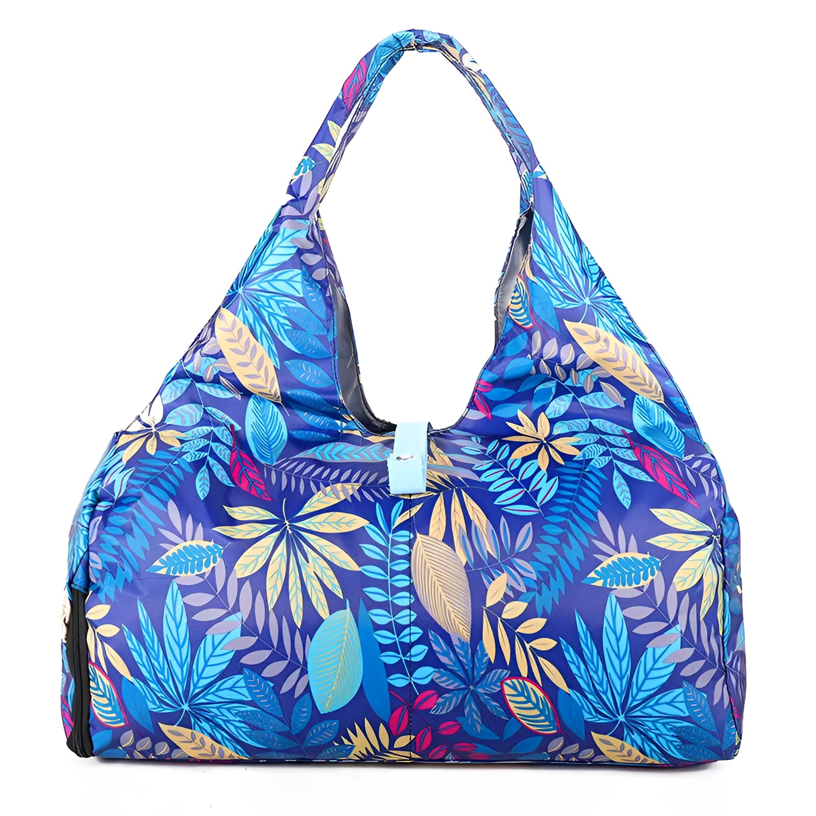 Convertible yoga mat bag with shoe compartment, featuring a blue leaf pattern. Large capacity, suitable for carrying yoga equipment and other essentials.