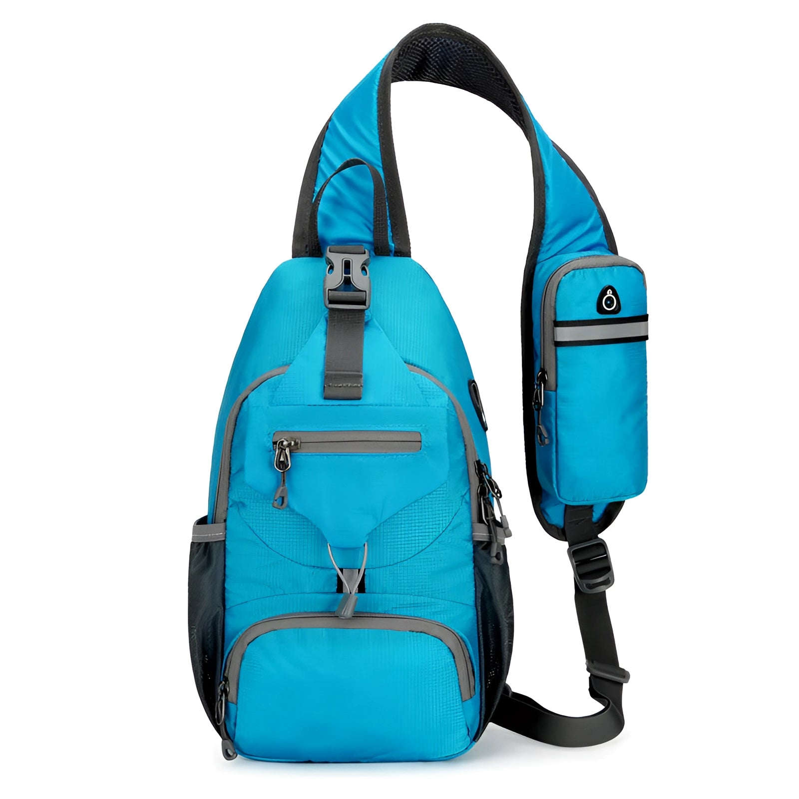 Sky blue crossbody sling backpack made of water-resistant composite material, featuring a USB port, adjustable strap, and lightweight design, ideal for travel and daily use.