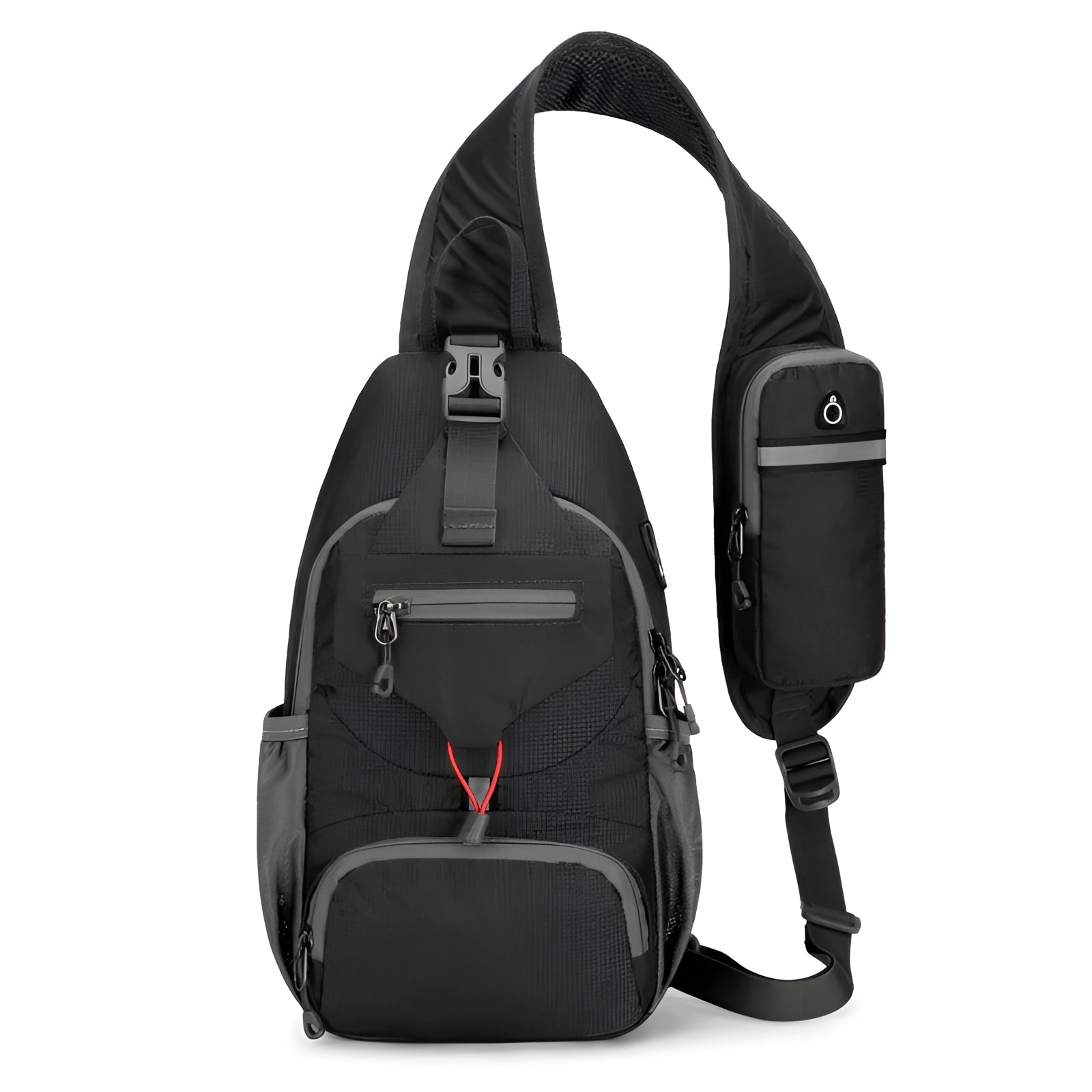 Crossbody sling backpack in black, featuring a water-resistant design, USB port, and lightweight construction, ideal for travel and daily use.