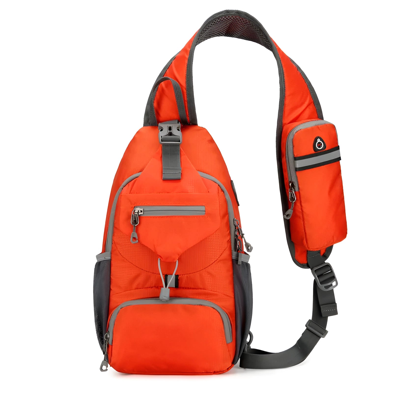 Orange crossbody sling backpack with water-resistant material, featuring a USB port and adjustable strap, designed for travel and fashion convenience.