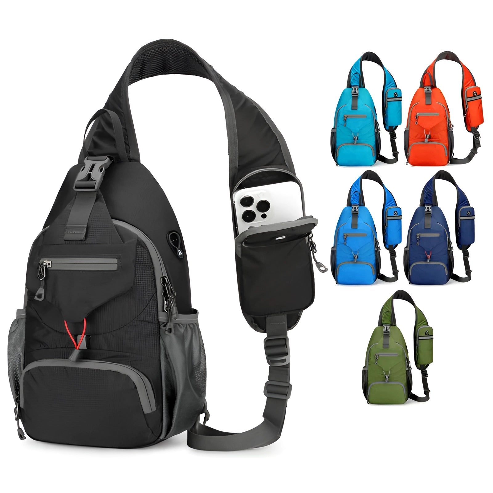 Crossbody sling backpack in electric blue color, featuring a water-resistant fabric with a USB port and adjustable strap. Ideal for carrying essentials while remaining lightweight and functional.