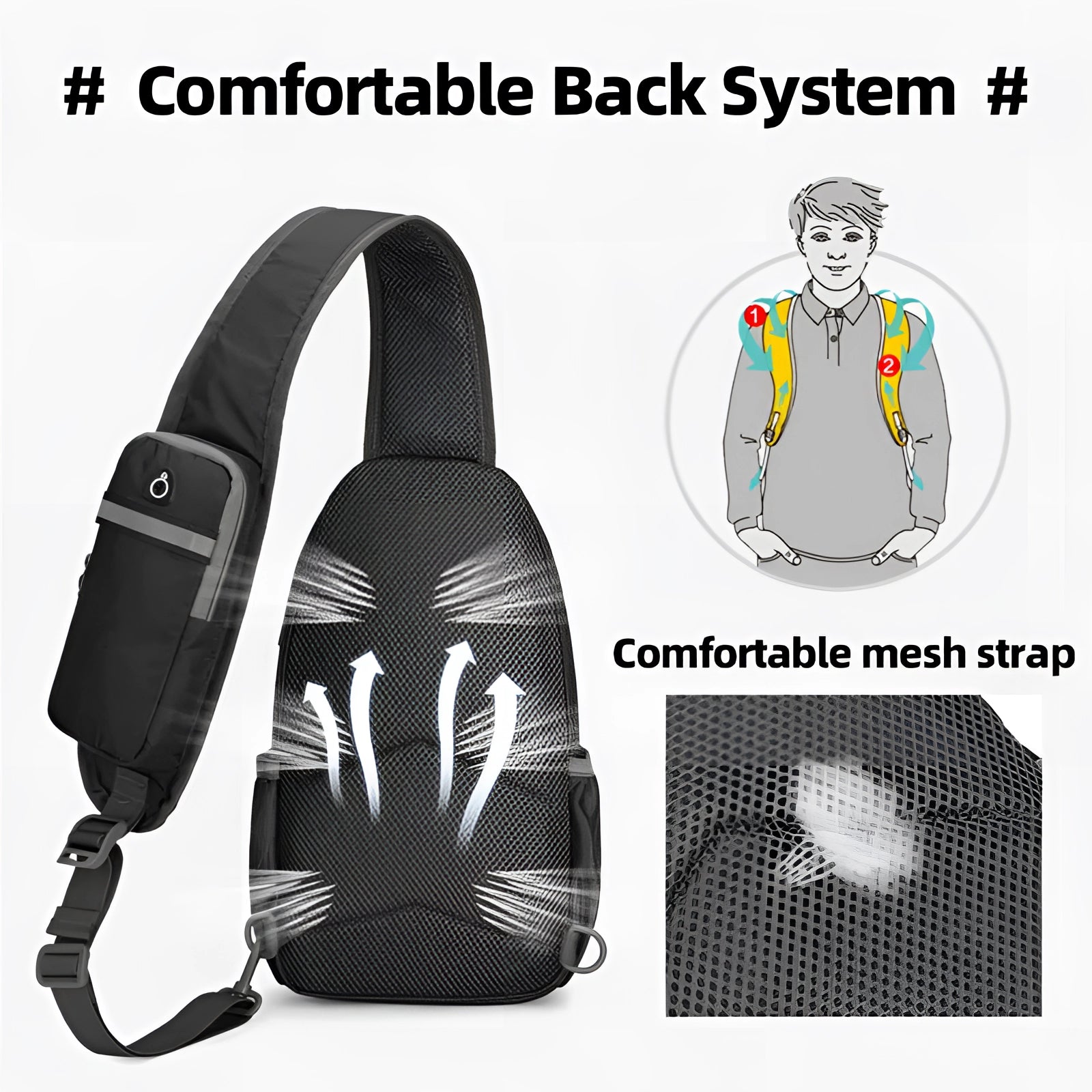 Crossbody sling backpack with a sleek design featuring a water-resistant material, USB port, and lightweight construction, worn across the body of a person dressed in casual attire.