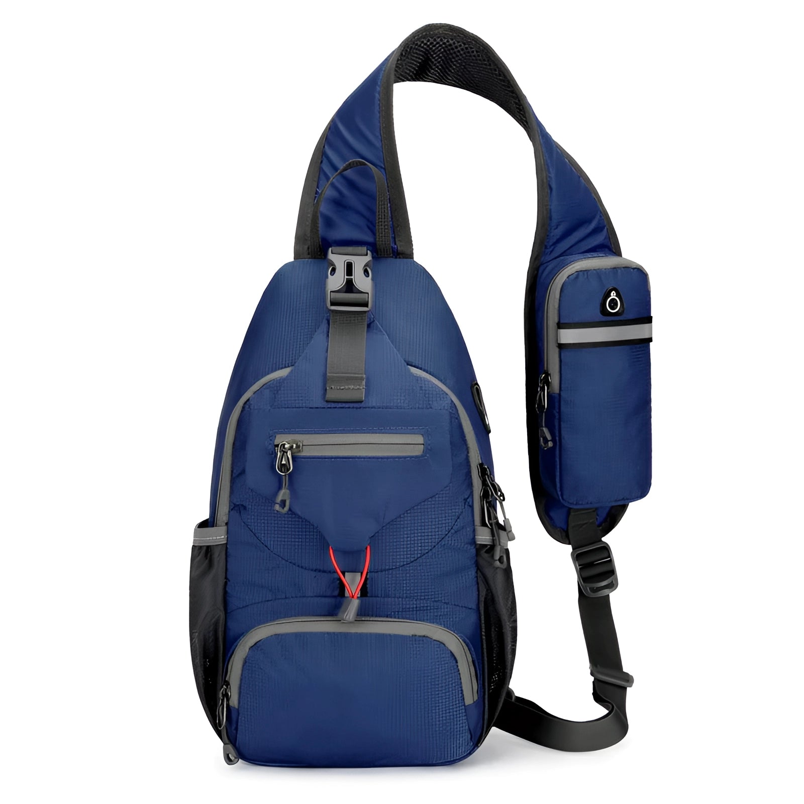 Deep blue crossbody sling backpack featuring a water-resistant design with an included USB port, lightweight, with adjustable strap, ideal for travel and fashion.