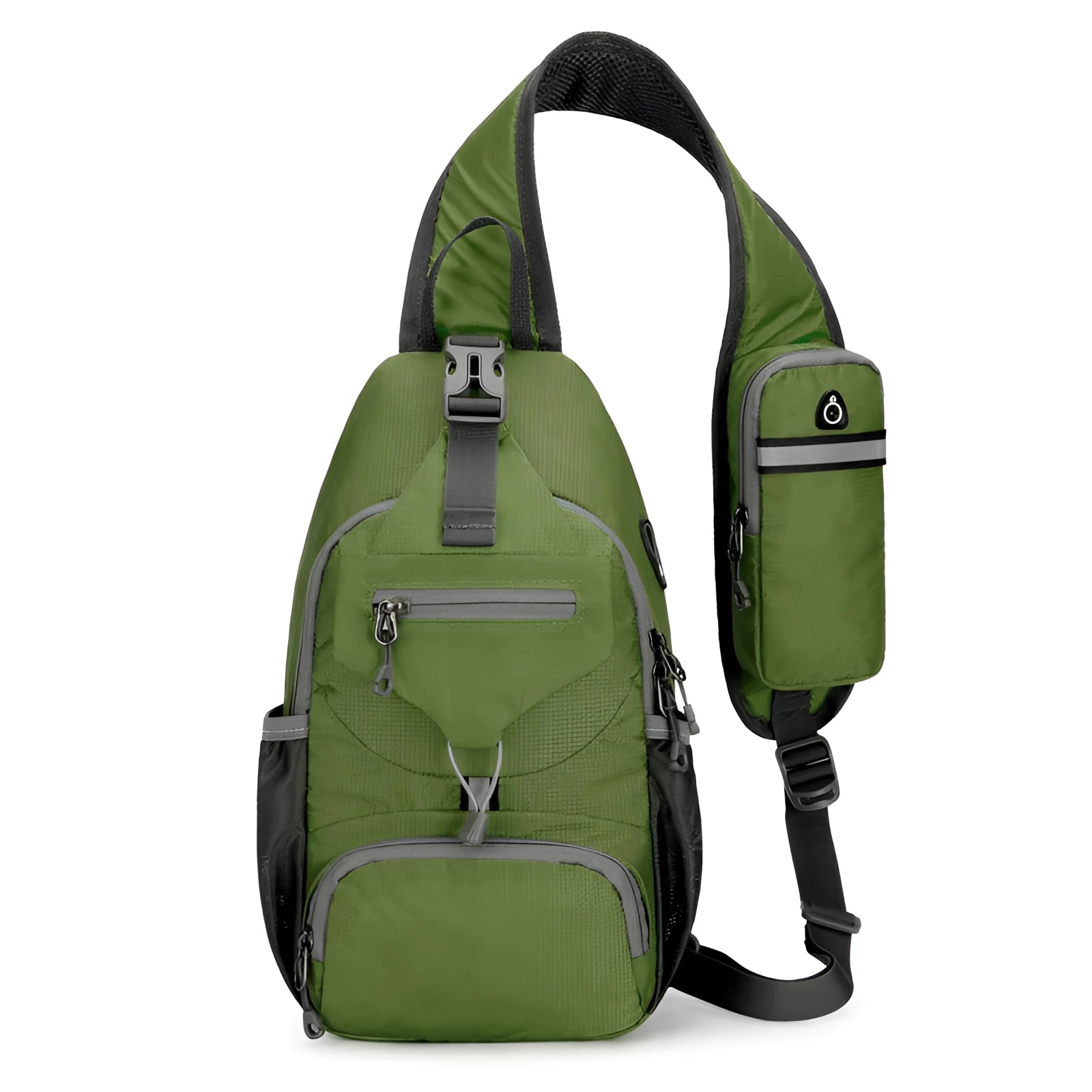 
A green crossbody sling backpack with a sleek design, featuring a water-resistant fabric and a convenient USB port. The bag includes an adjustable strap for comfortable wear and is lightweight, making it an ideal fashion accessory for travel or daily use.