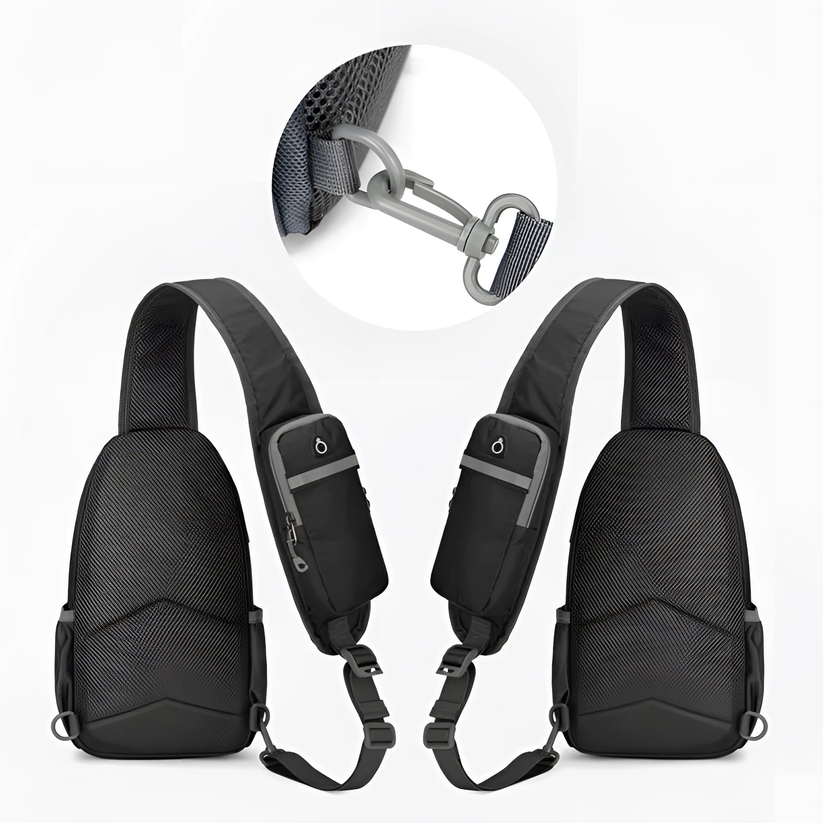 Crossbody sling backpack in a sleek design, featuring water-resistant material, equipped with a USB port for charging devices, and designed to be lightweight for comfortable wear.