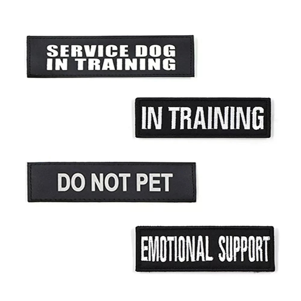 Customizable K9 harness patches with text options including "Service Dog," "Do Not Pet," and "Emotional Support," displayed in a rectangular shape with clear, bold font.