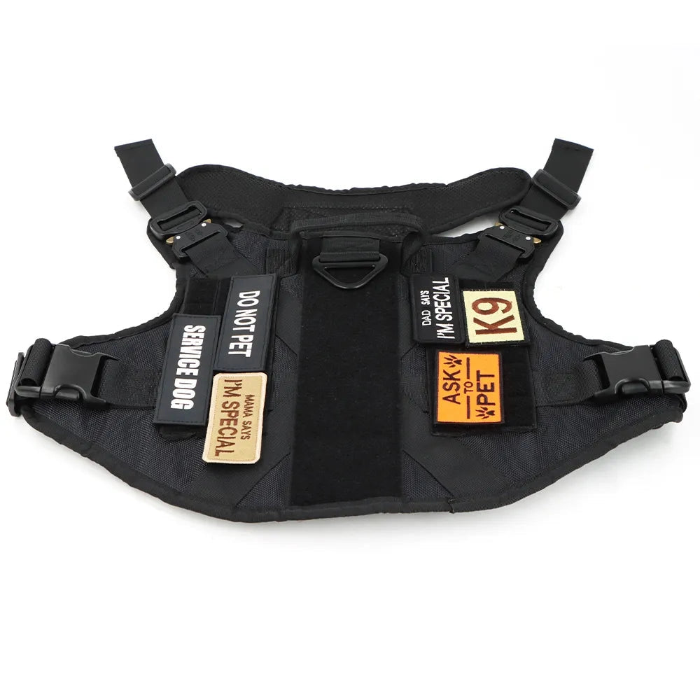 Customizable K9 harness patches displaying "Service Dog," "Do Not Pet," and "Emotional Support" text on a vest.