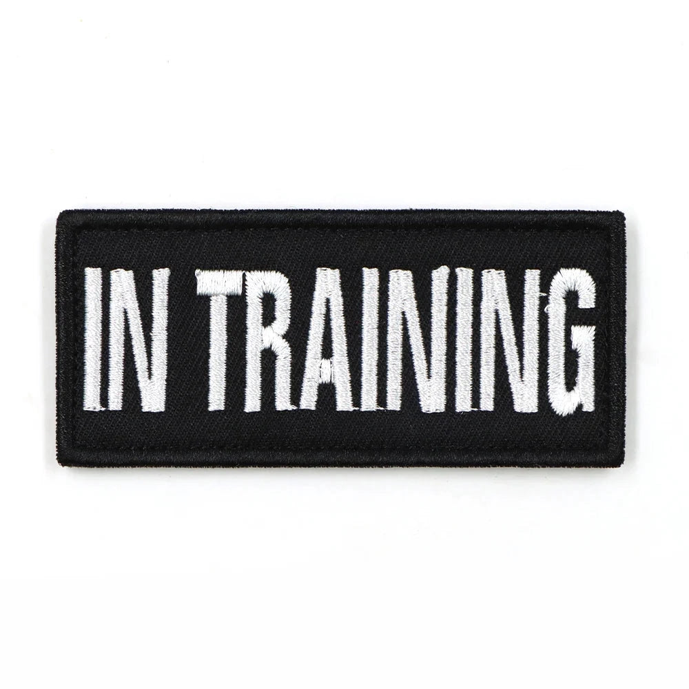 Rectangular "In Training" harness patch for service dogs, featuring bold electric blue font and graphic design.