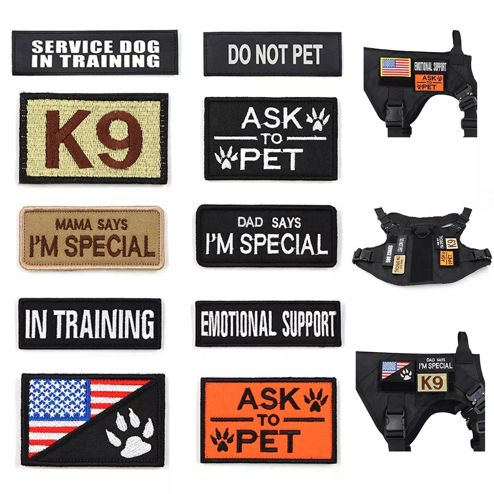 Customizable K9 harness patches with text options including "Service Dog," "Do Not Pet," and "Emotional Support", featuring bold fonts and durable material.