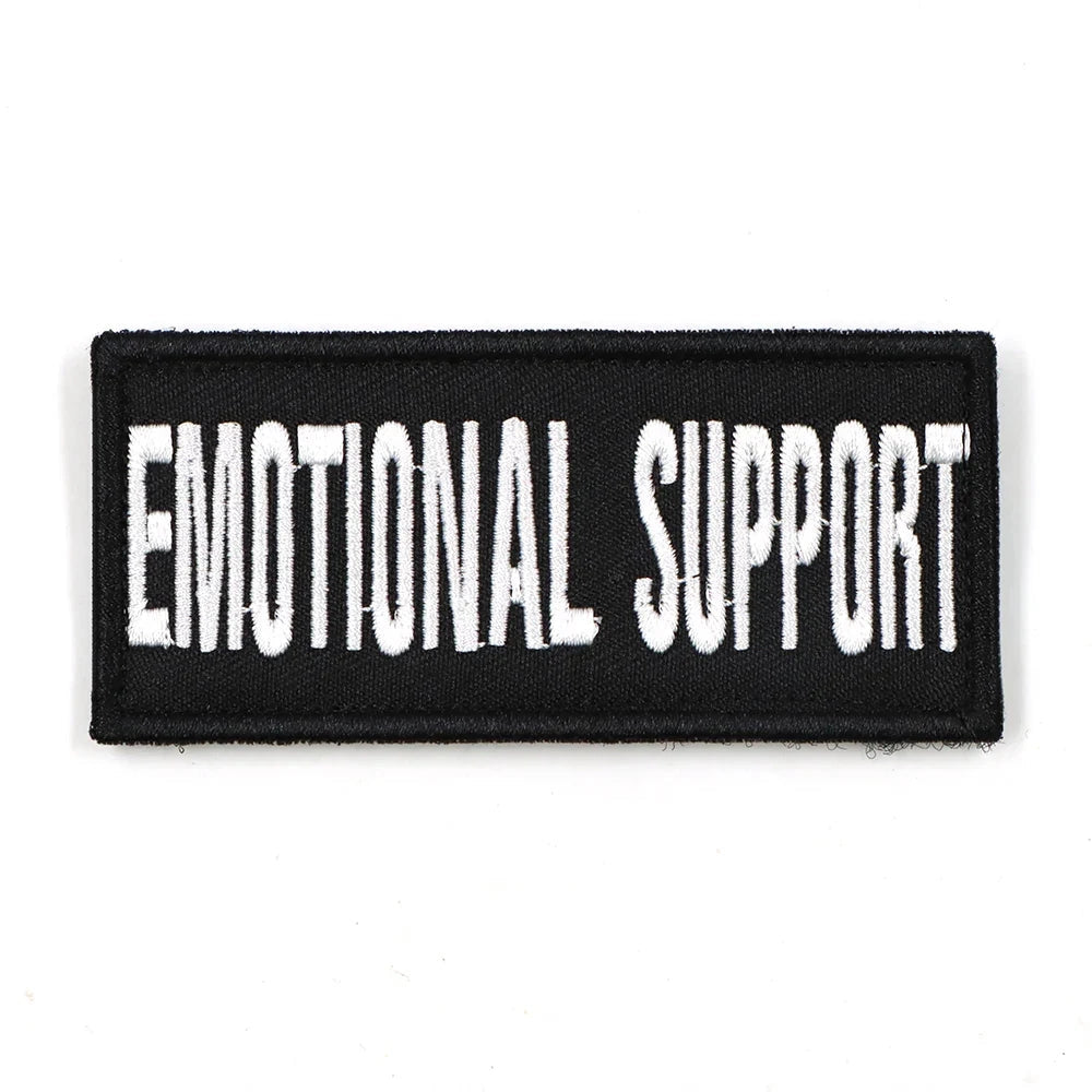 Emotional Support harness patch in electric blue with bold white lettering, rectangular shape, designed for K9 harnesses.