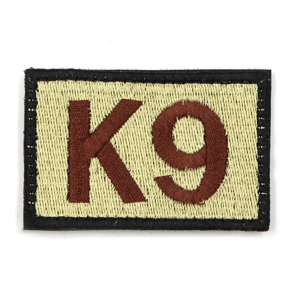 Customizable rectangular K9 harness patch with "Service Dog" text, featuring a beige and brown color scheme and clear font, designed for service dogs.