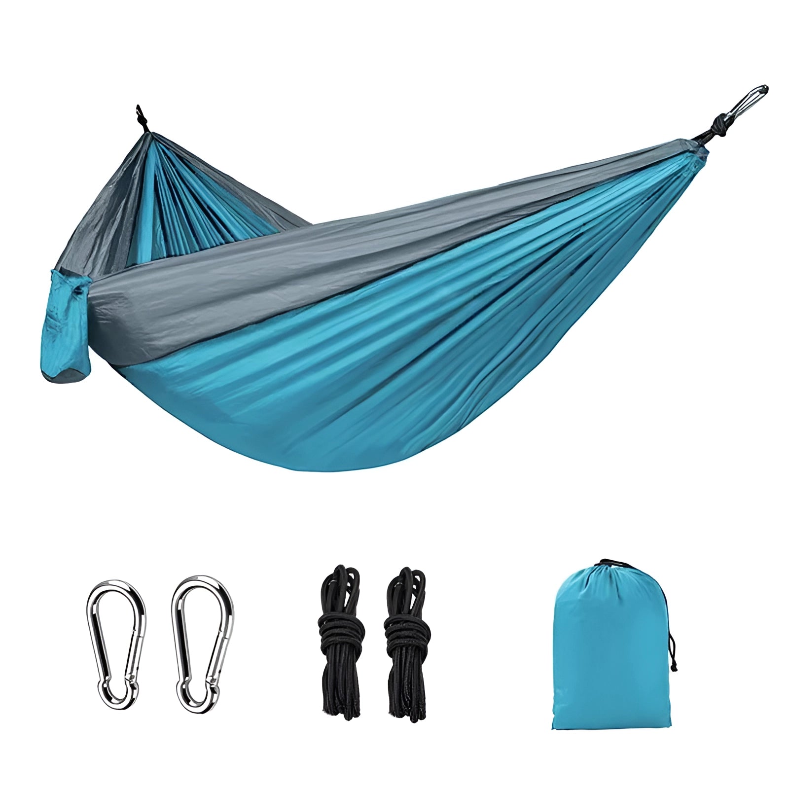 Double-layer insulated camping hammock in olive green and teal, shown with straps attached, displayed against a plain background.