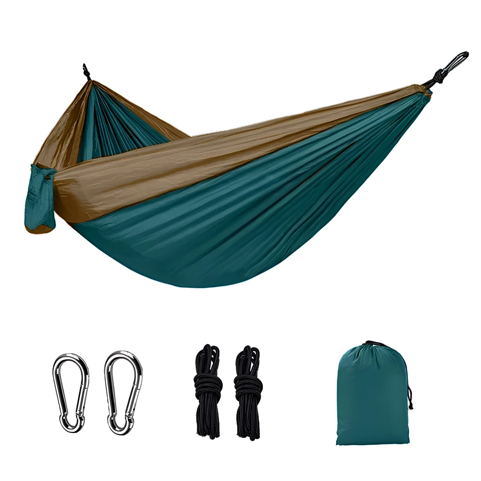 Double-Layer Insulated Camping Hammock with Straps in Olive Green Teal, Color 4, featuring a durable double-layer design hanging between trees.