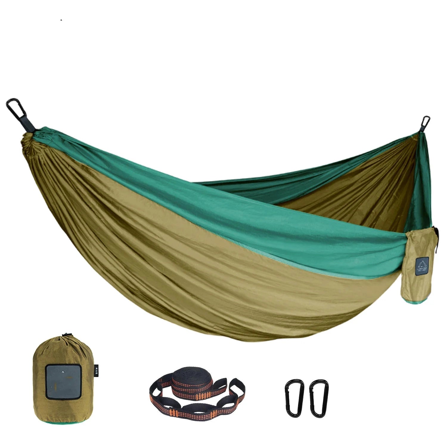 Double-layer insulated camping hammock with straps in olive green and teal colors.