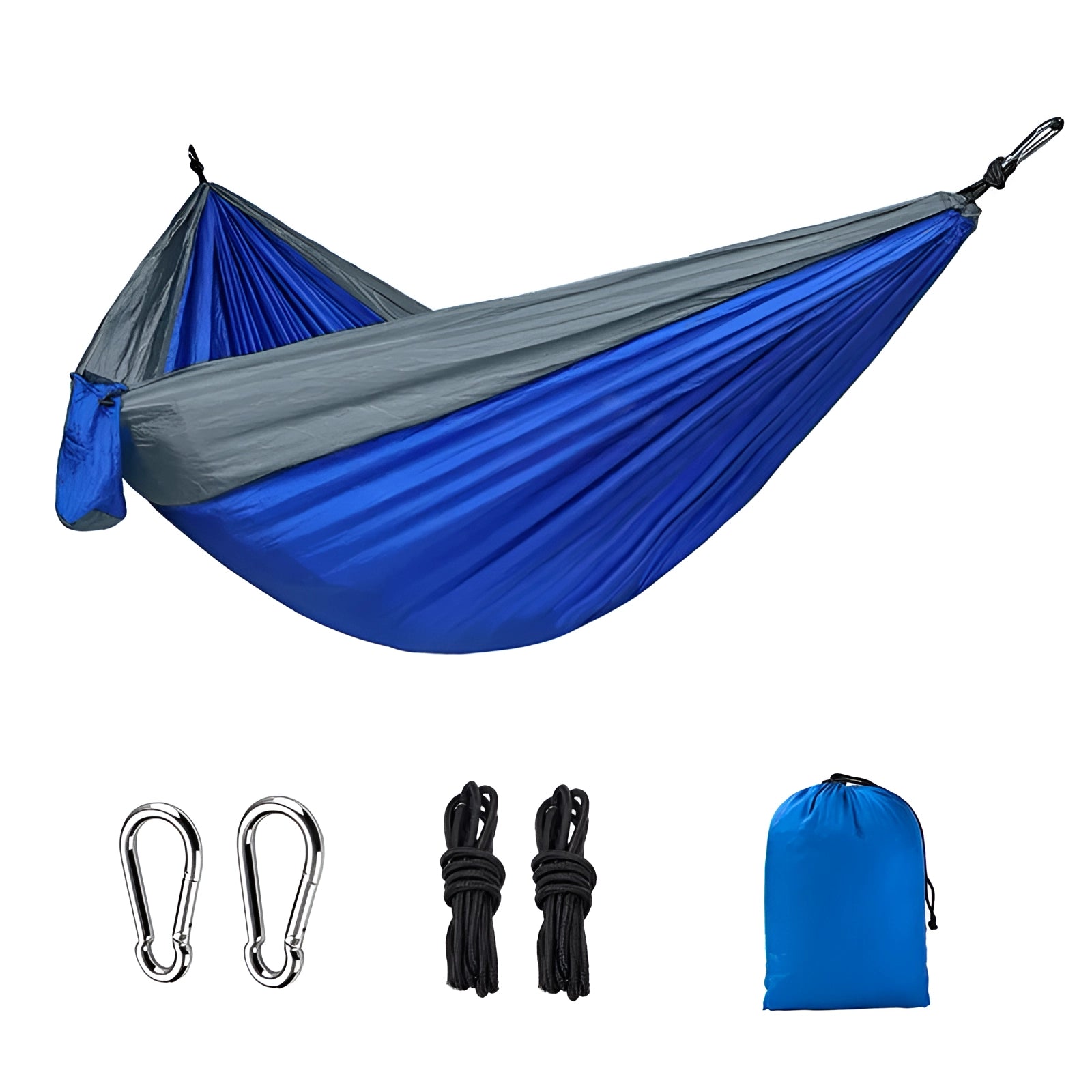 Double-layer insulated camping hammock with straps in olive green and teal, set up outdoors.