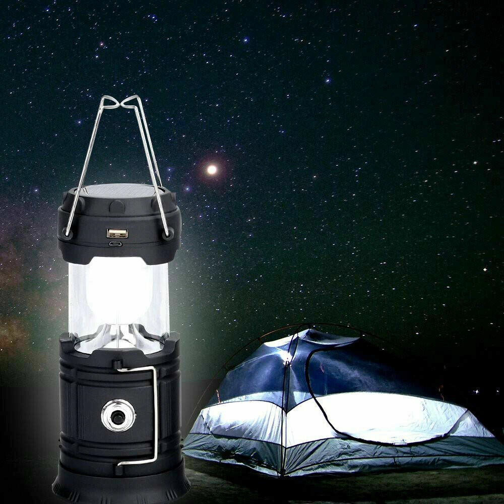 Dual-Function LED camping lantern and rechargeable flashlight, waterproof, illuminating against a dark sky backdrop.