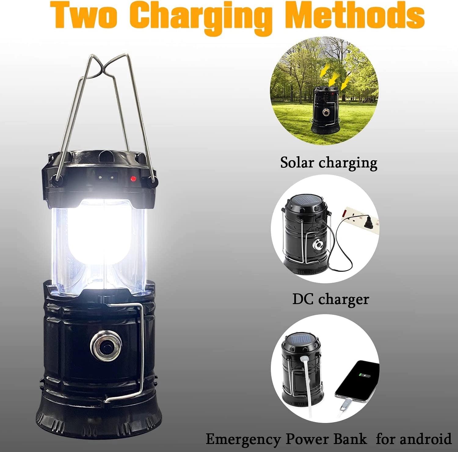 Dual-function LED camping lantern and rechargeable flashlight, waterproof design, shown with cylindrical body and bright LED light.