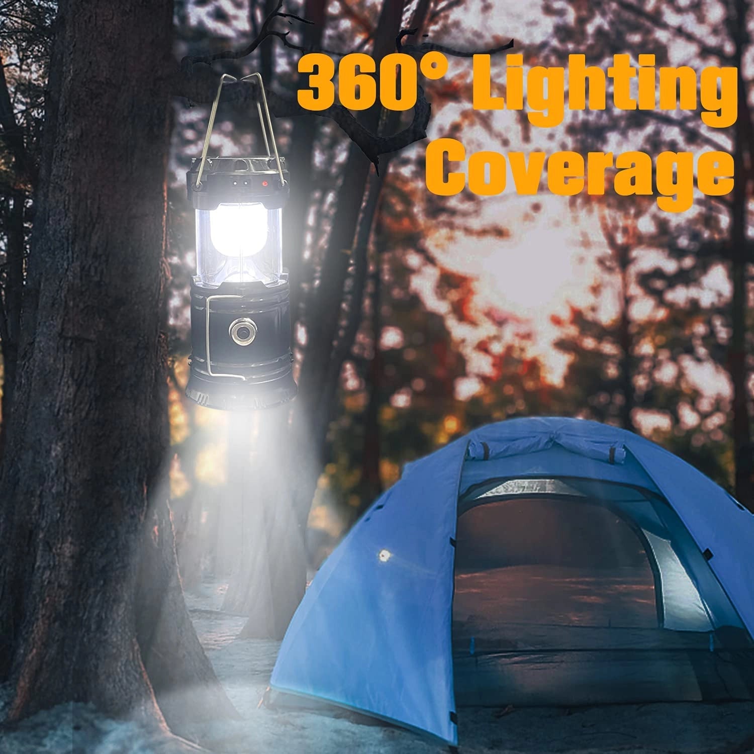 Dual-Function LED Camping Lantern & Rechargeable Flashlight - Waterproof, shown outdoors next to a tent and trees, in a natural environment during morning.