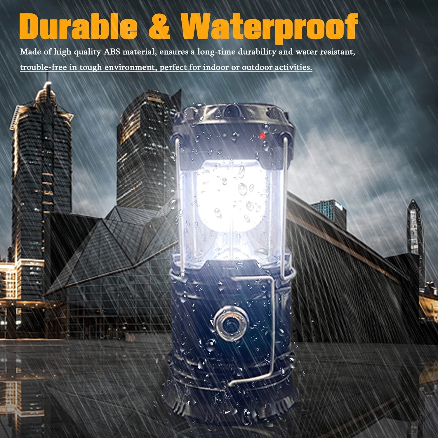 Dual-Function LED Camping Lantern & Rechargeable Flashlight - Waterproof, placed on a surface with a background featuring a cityscape with tall buildings and a train passing by.