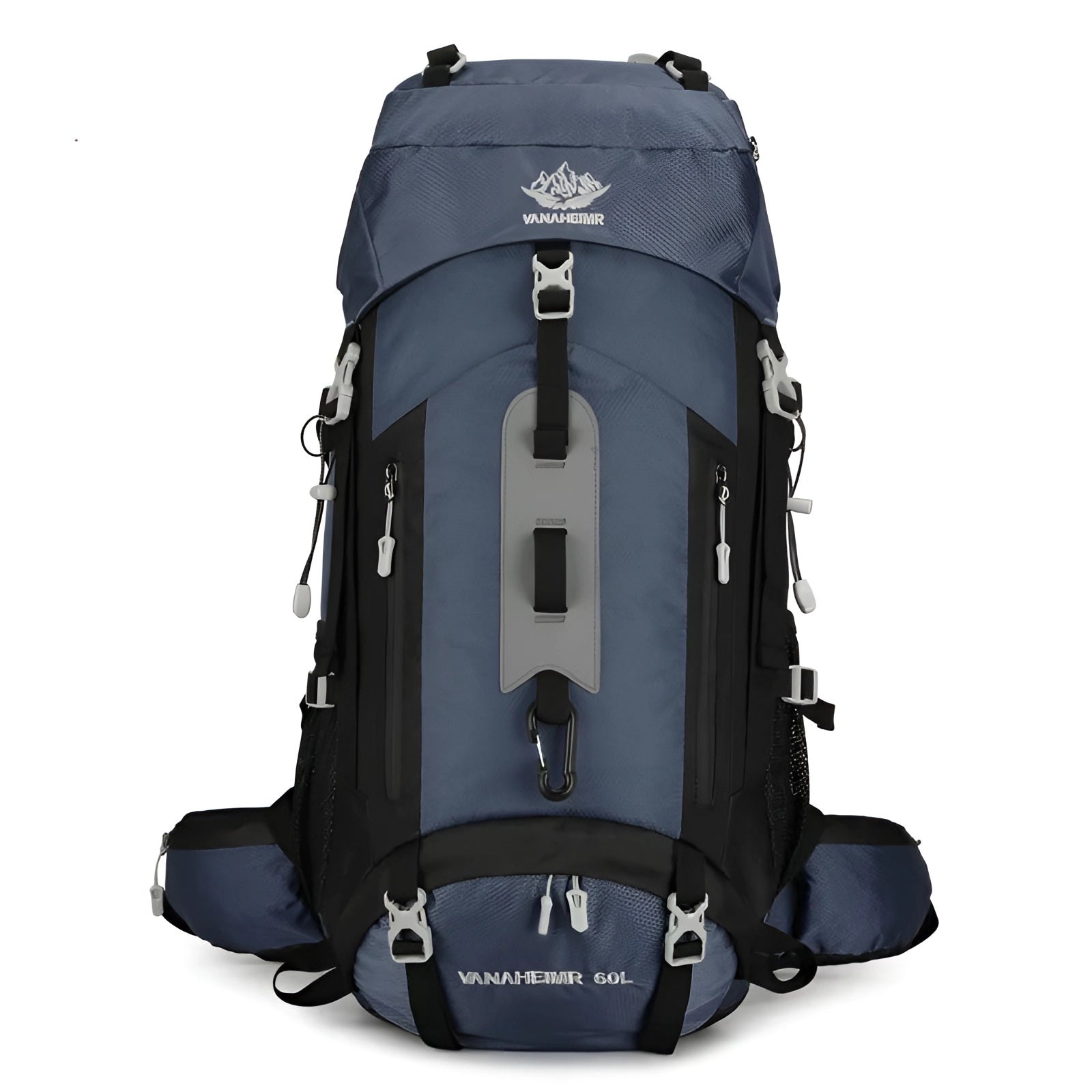 Durable 60L navy waterproof hiking backpack with a lightweight design and hydration compatibility, featuring sturdy construction and a stylish electric blue color, ideal for outdoor adventures.