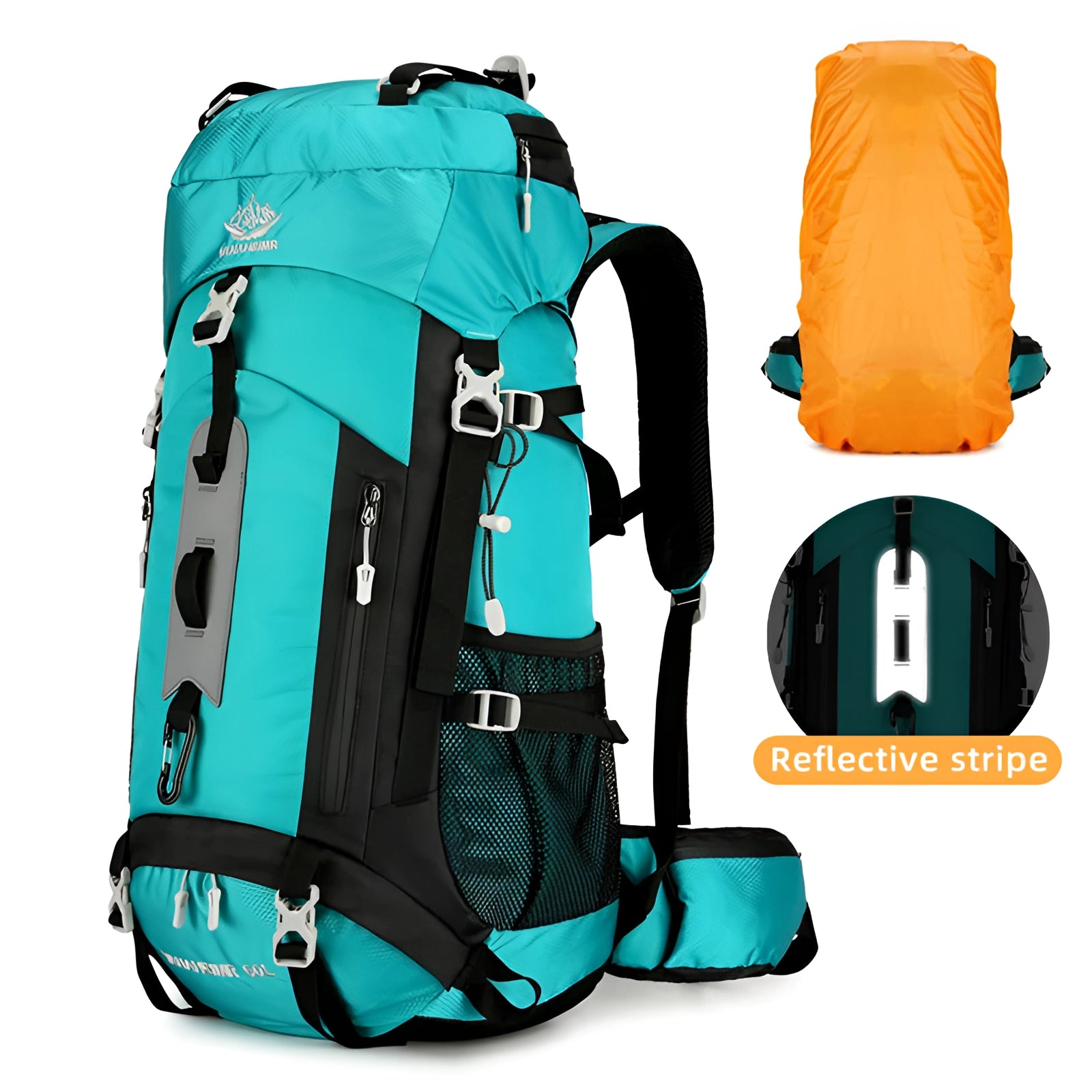 Durable 60L waterproof hiking backpack in electric blue, featuring multiple compartments, hydration compatibility, and adjustable straps for comfort and support.