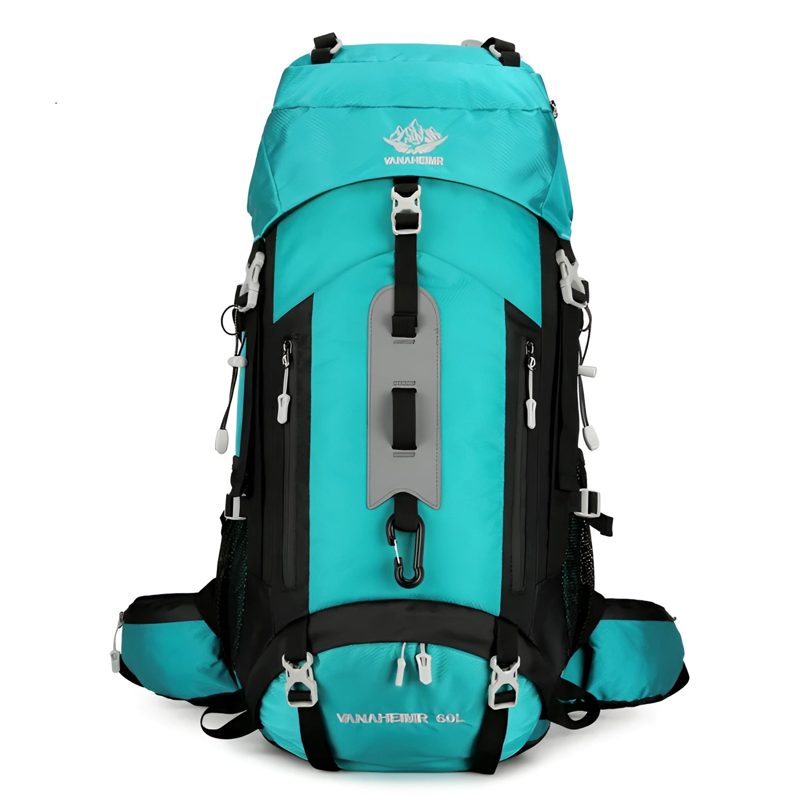 Durable 60L waterproof hiking backpack in lake blue color, featuring a lightweight design and hydration compatibility, ideal for outdoor adventures.