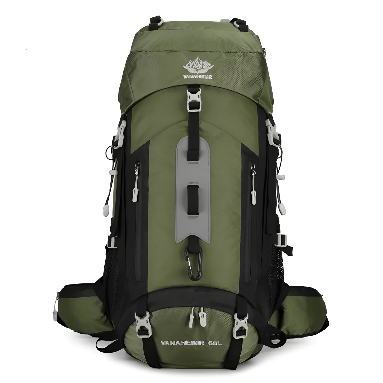 Durable 60L army green waterproof hiking backpack, lightweight and hydration compatible, designed for outdoor adventures.