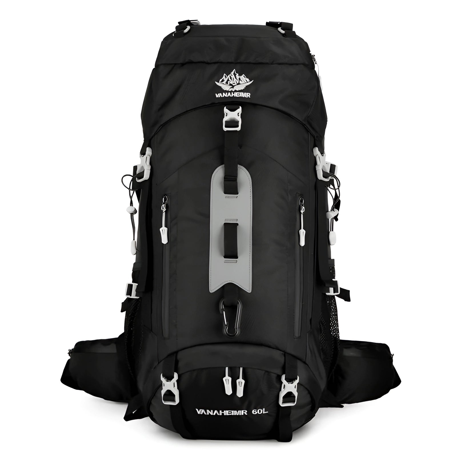 Durable 60L waterproof hiking backpack in black, featuring a lightweight design and hydration compatibility.