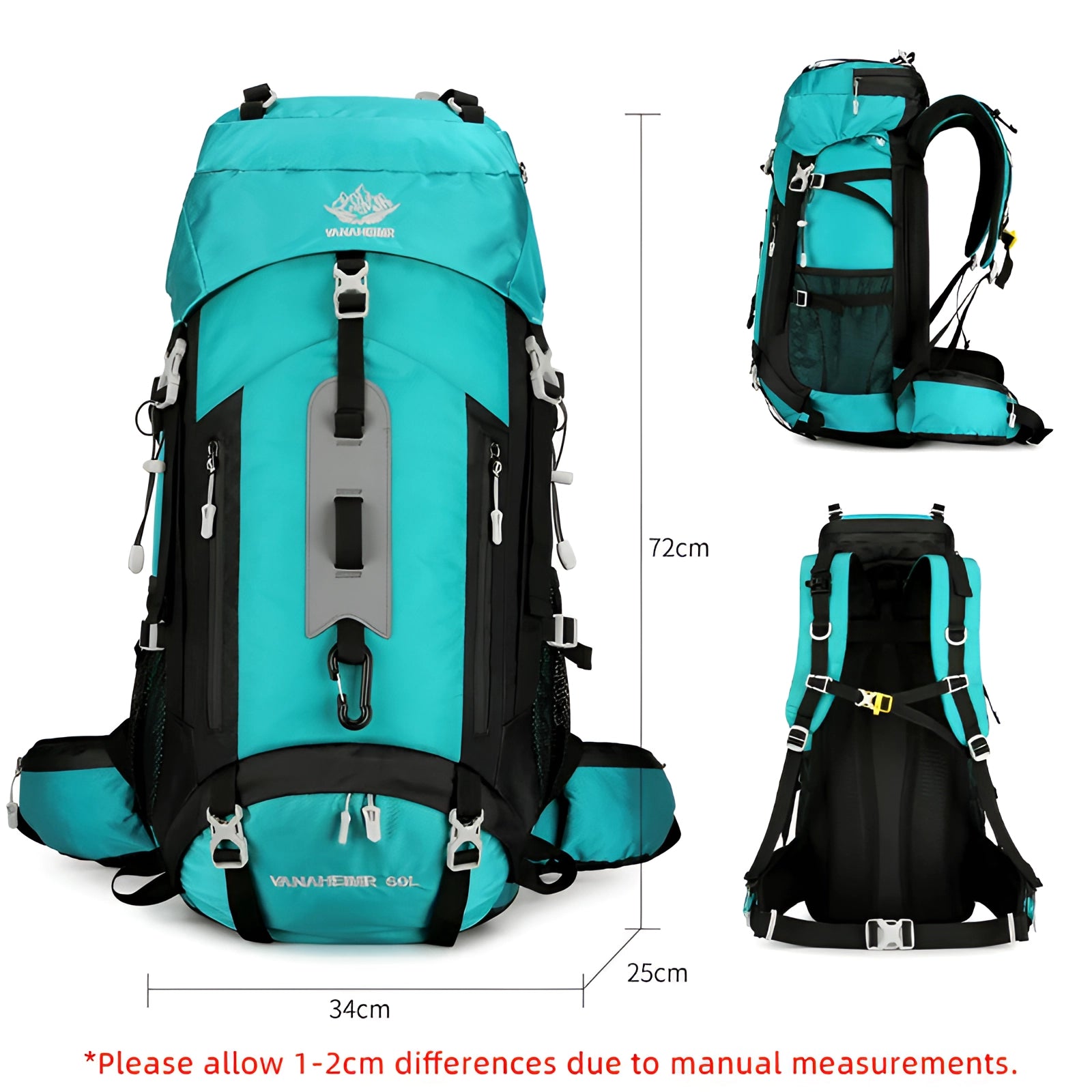 
A durable 60-liter waterproof hiking backpack in electric blue, featuring a lightweight design and hydration compatibility, suitable for outdoor adventures.