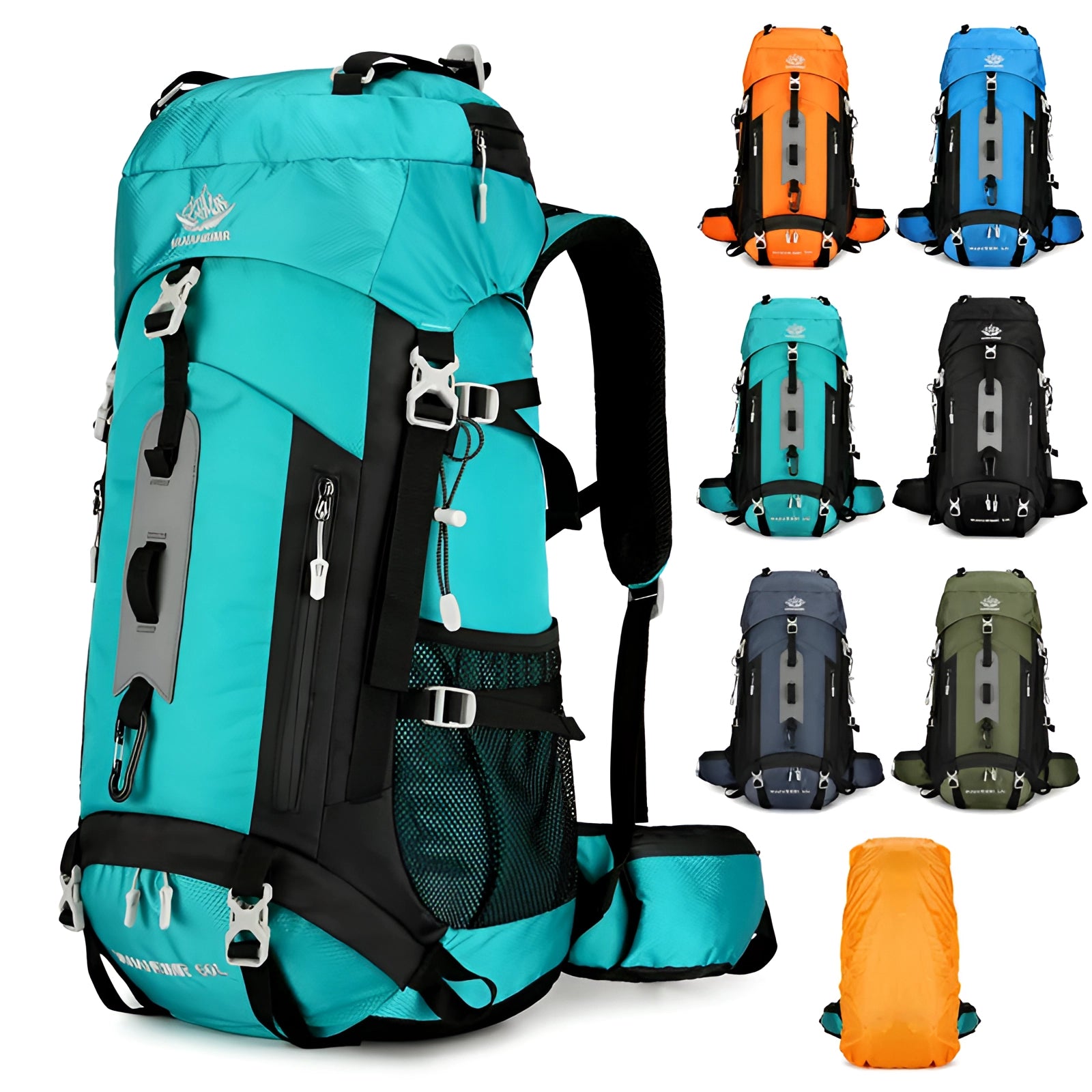 Durable 60L waterproof hiking backpack in electric blue, featuring a lightweight design and hydration compatibility, shown with multiple compartments and sturdy straps suitable for outdoor activities.