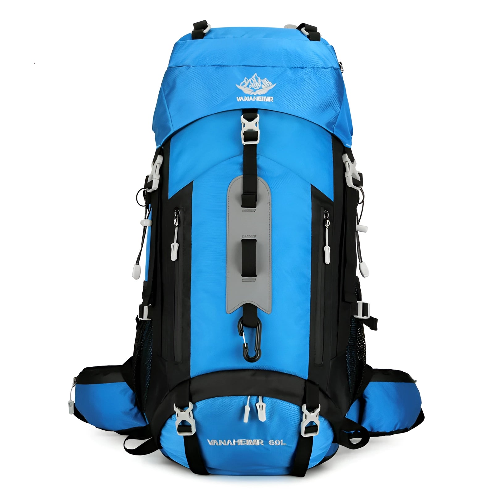 Sky blue durable waterproof hiking backpack with a 60-liter capacity, lightweight design, and hydration compatibility.