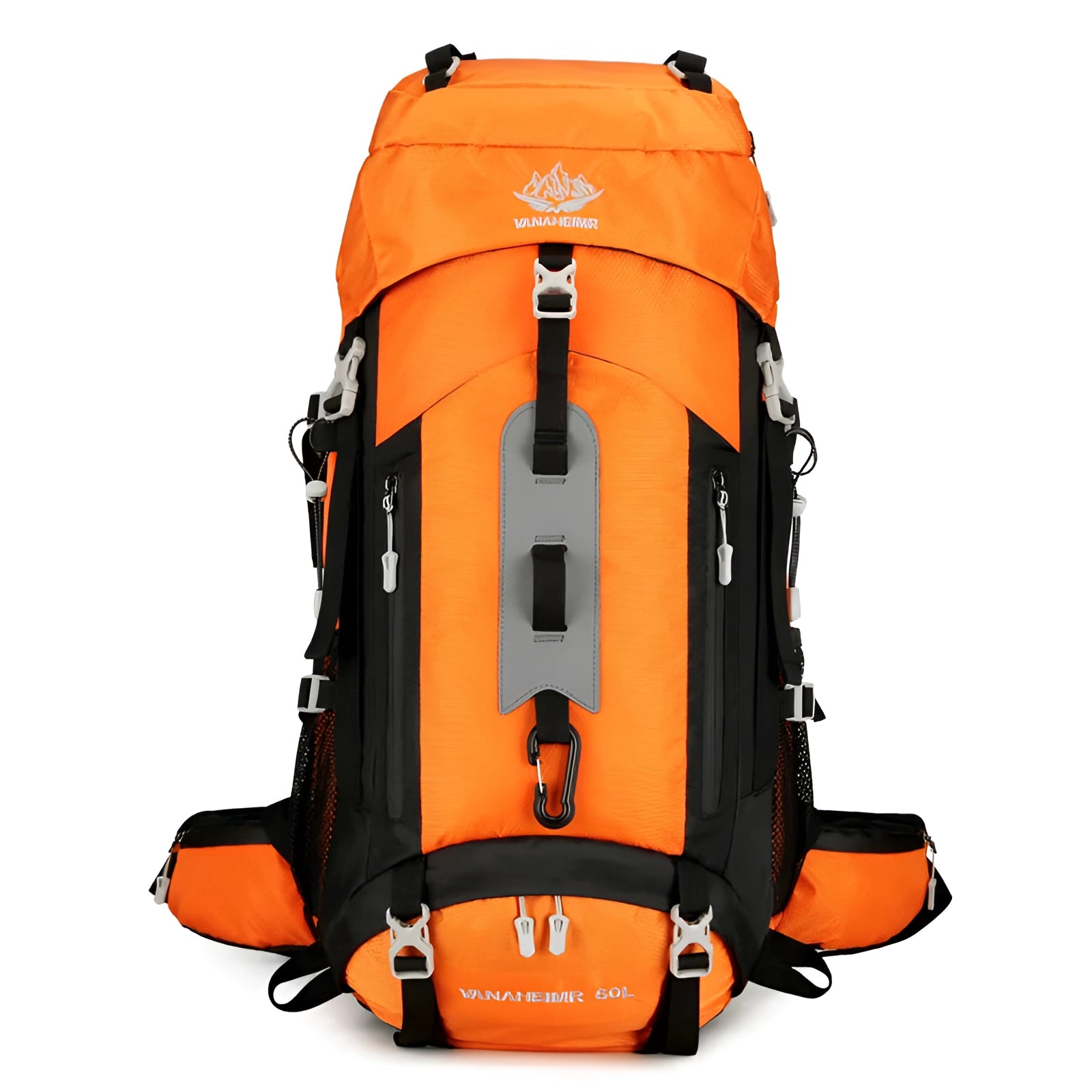 Orange durable 60L waterproof hiking backpack with lightweight design and hydration compatibility, shown in an outdoor setting.