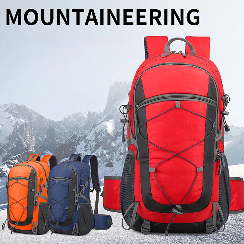 Durable lightweight 60L hiking backpack, water-resistant, multi-compartment, suitable for travel and outdoor recreation, displayed against a mountainous backdrop.