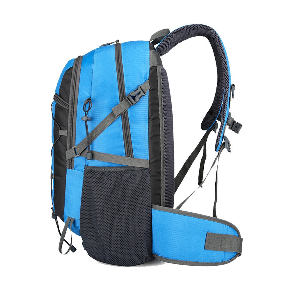 Durable lightweight 60L electric blue hiking backpack with multiple compartments and water-resistant material.