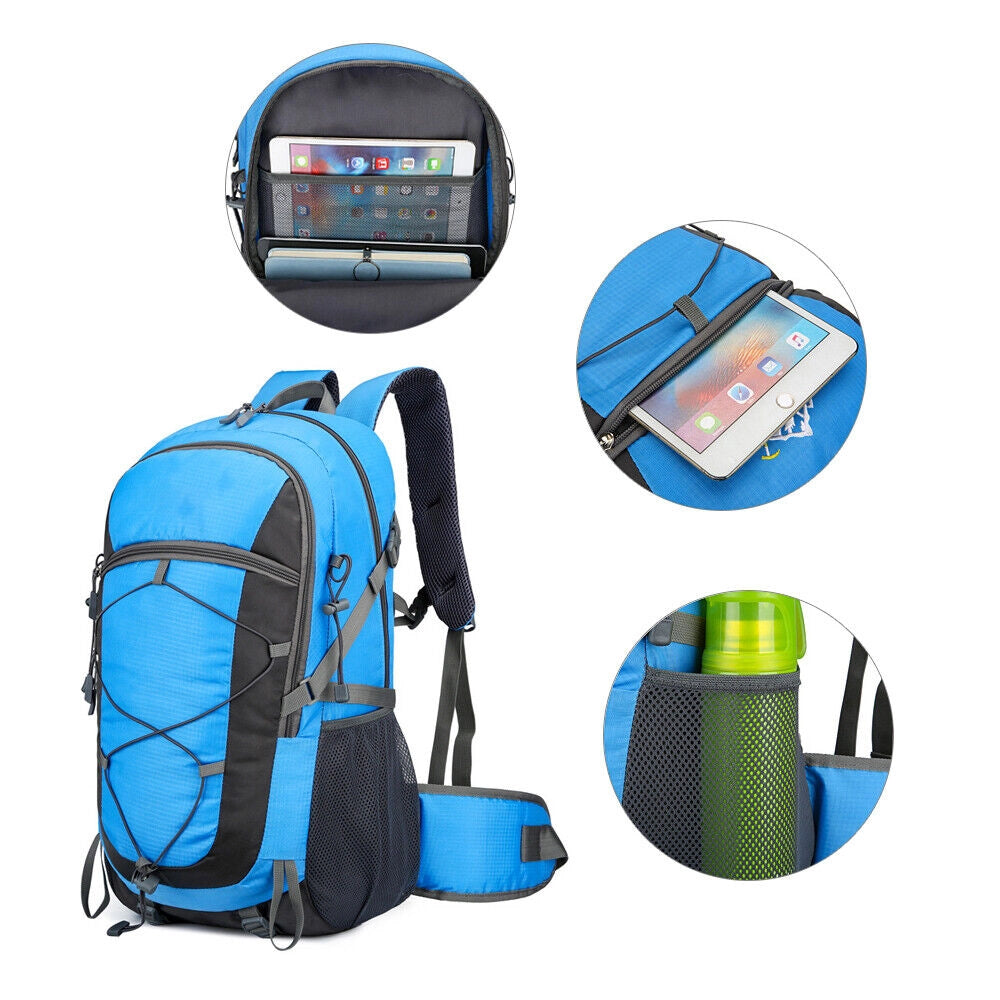 Durable lightweight 60L hiking backpack in electric blue, water-resistant with multiple compartments, ideal for travel and recreation.