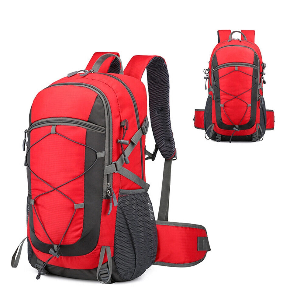 Durable lightweight 60L red hiking backpack with multiple compartments, water-resistant material, and ergonomic design.