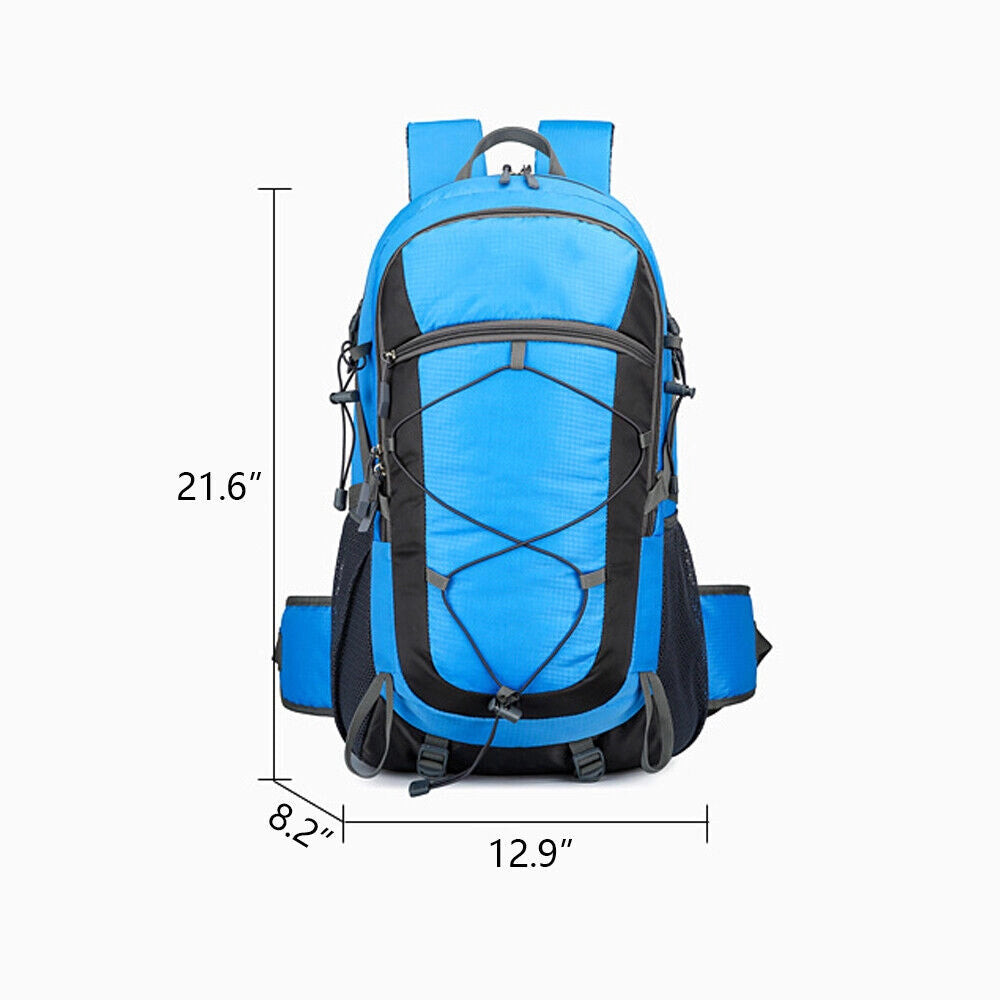 Durable Lightweight 60L Hiking Backpack in electric blue with multiple compartments, shown outdoors, highlighting its water-resistant fabric and sturdy design.