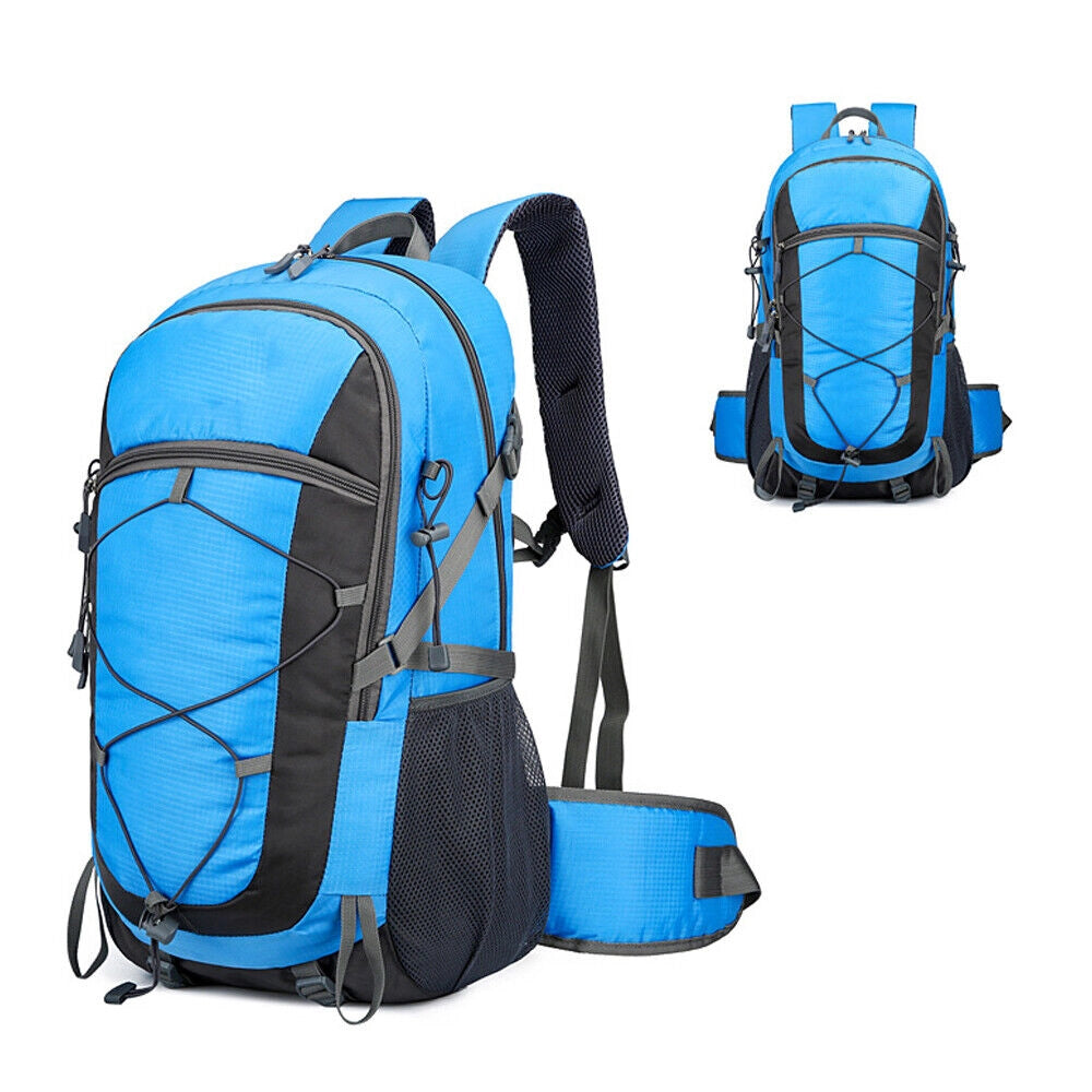 Light blue durable lightweight 60L hiking backpack, water-resistant with multiple compartments.