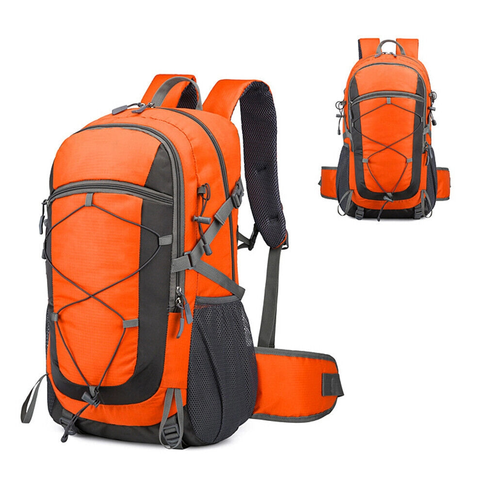 Durable lightweight 60L orange hiking backpack with multiple compartments, water-resistant material, suitable for travel and outdoor sports.