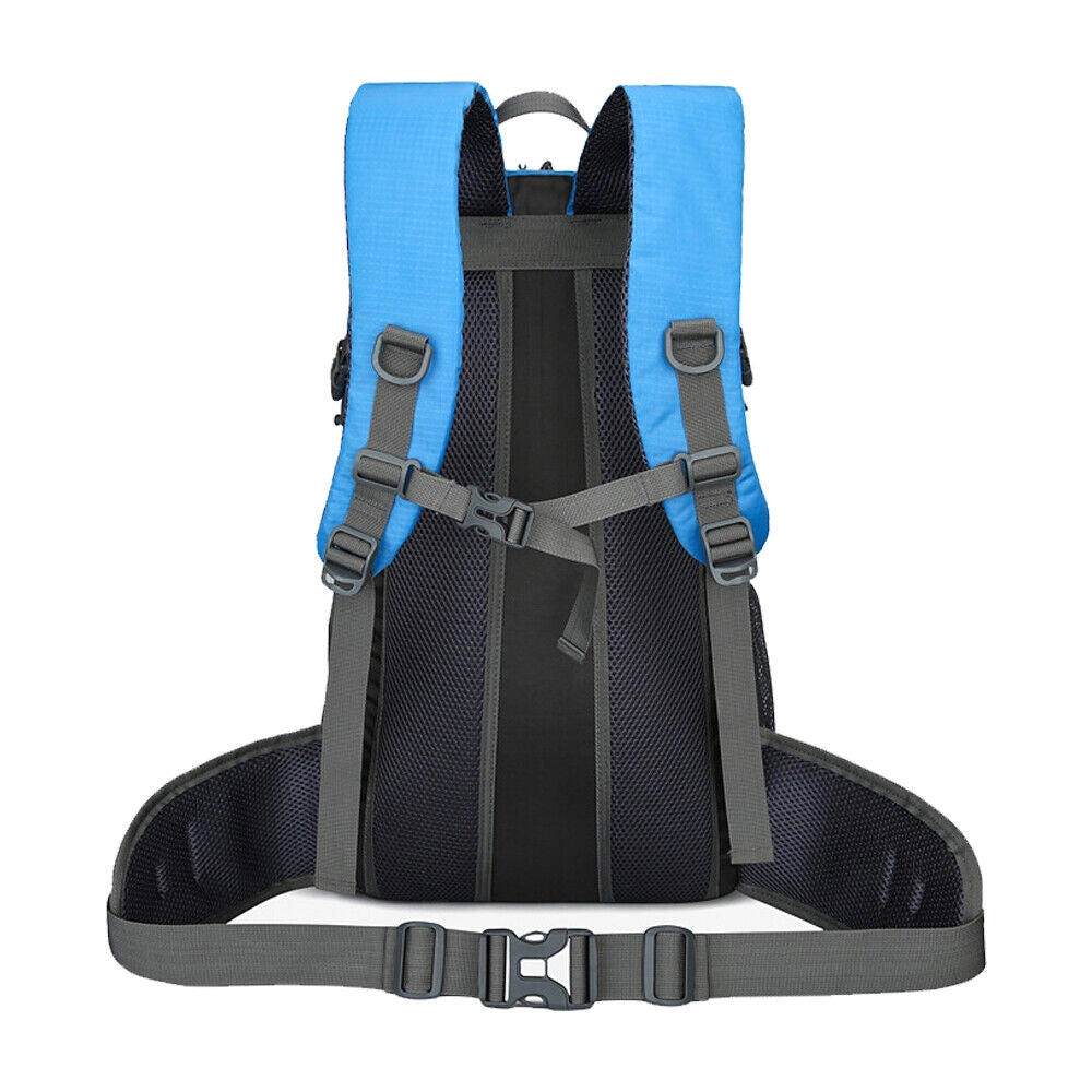 Durable lightweight 60L hiking backpack in electric blue, featuring multiple compartments and water-resistant material.