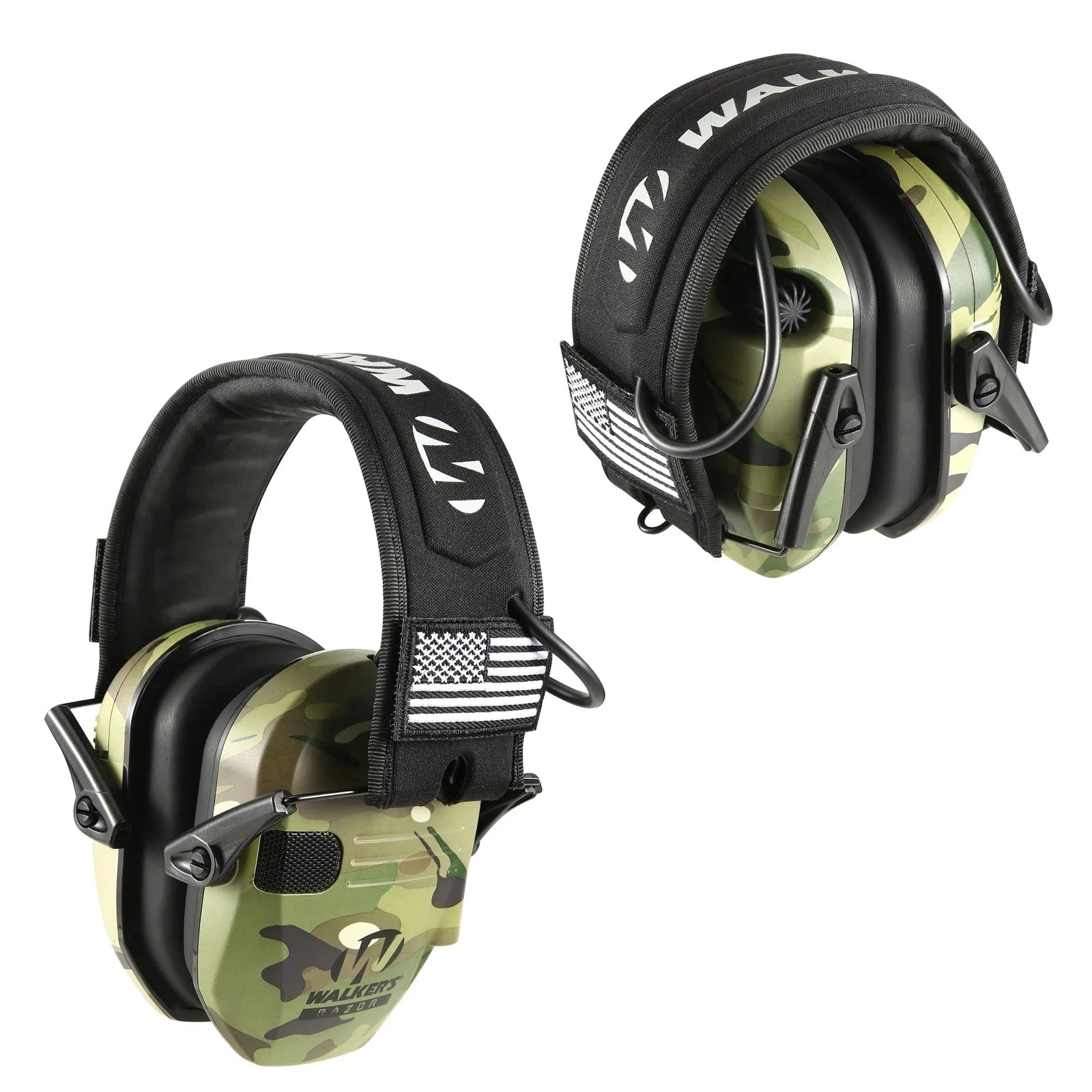 Electronic noise-canceling earmuffs, black, tactical shooting, military grade, adjustable headband, cushioned ear cups.