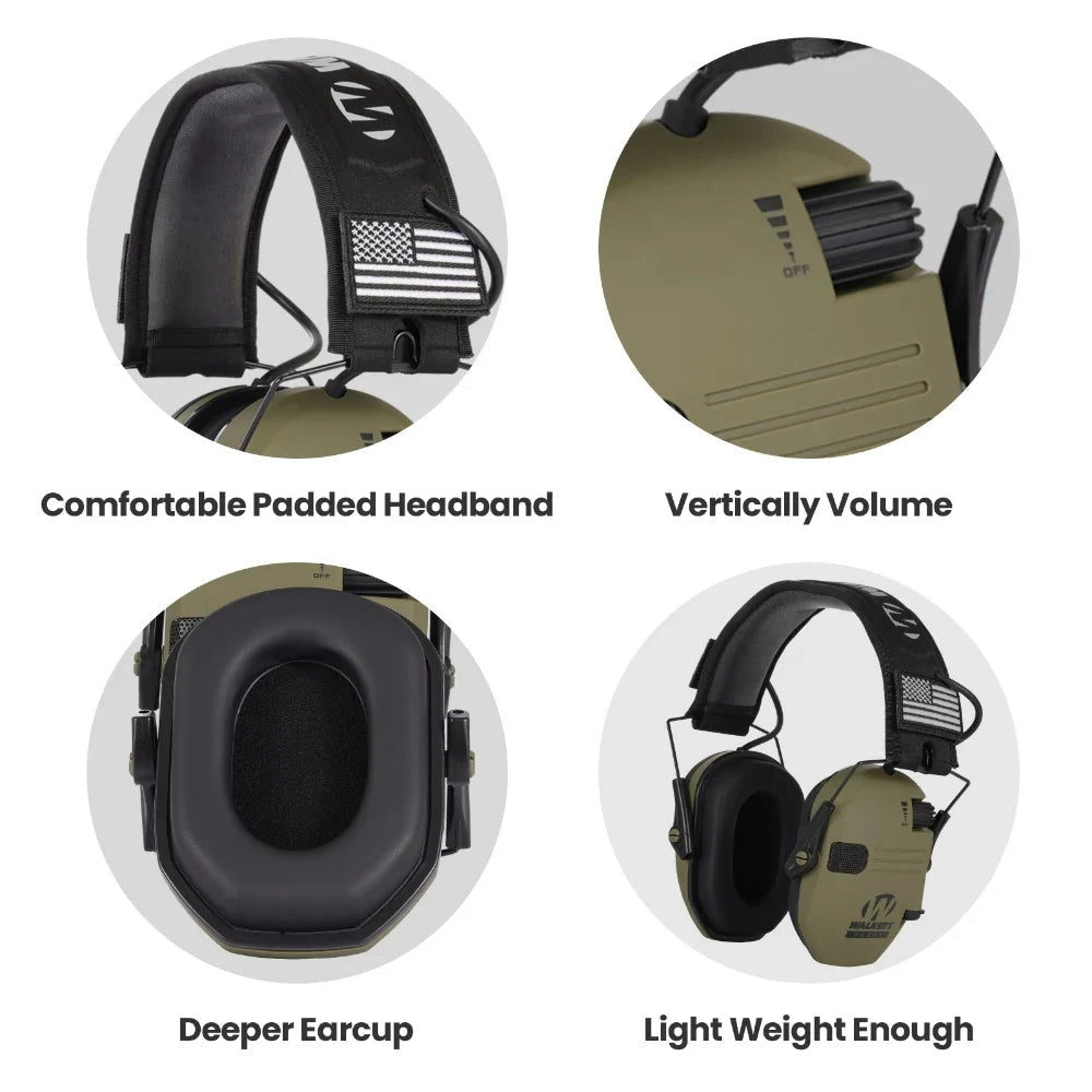 Electronic noise-canceling earmuffs, black, with adjustable headband, designed for tactical shooting and military use, showing cushioned ear cups and control buttons.