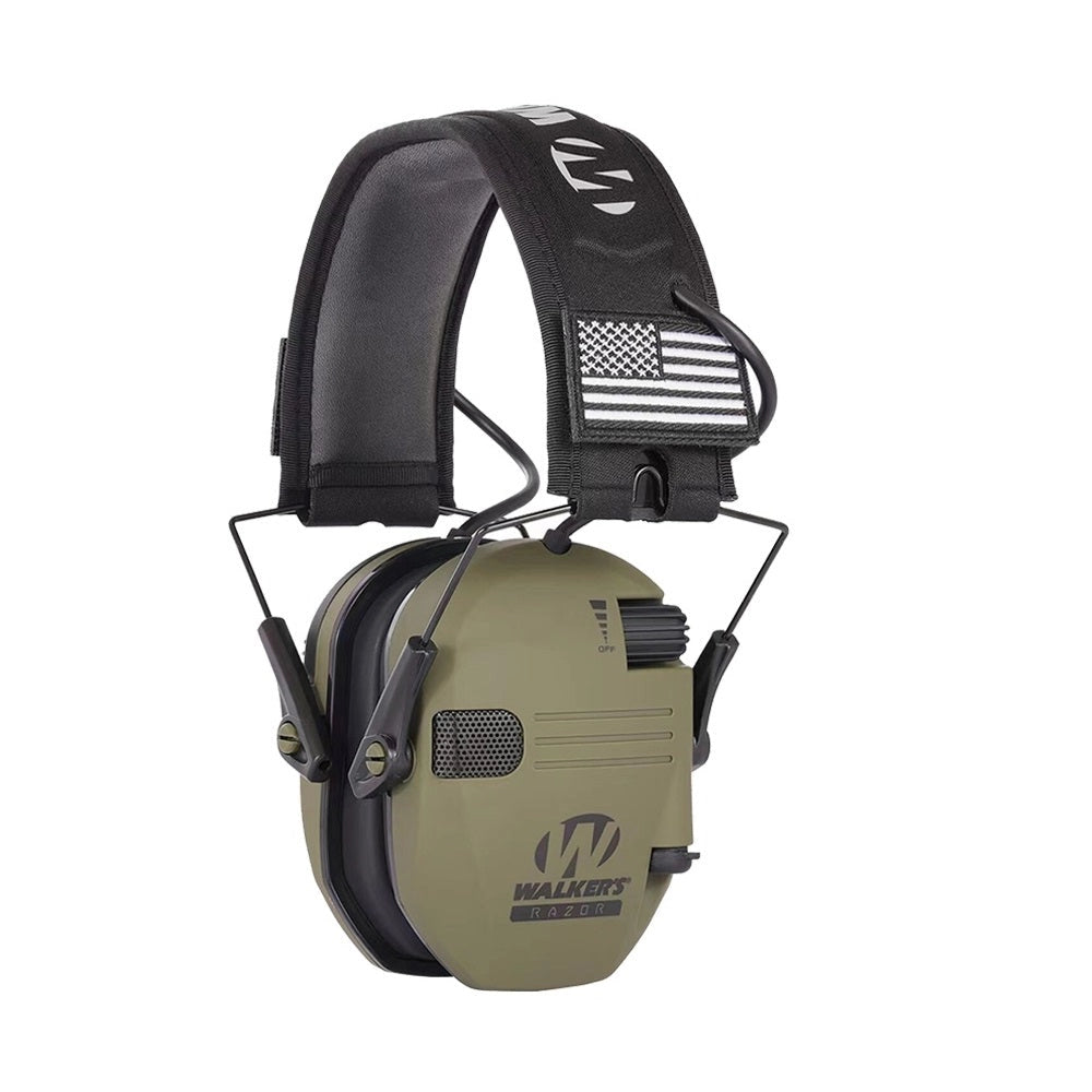 Green electronic noise-canceling earmuffs, military-grade, adjustable, without case, placed on a flat surface.